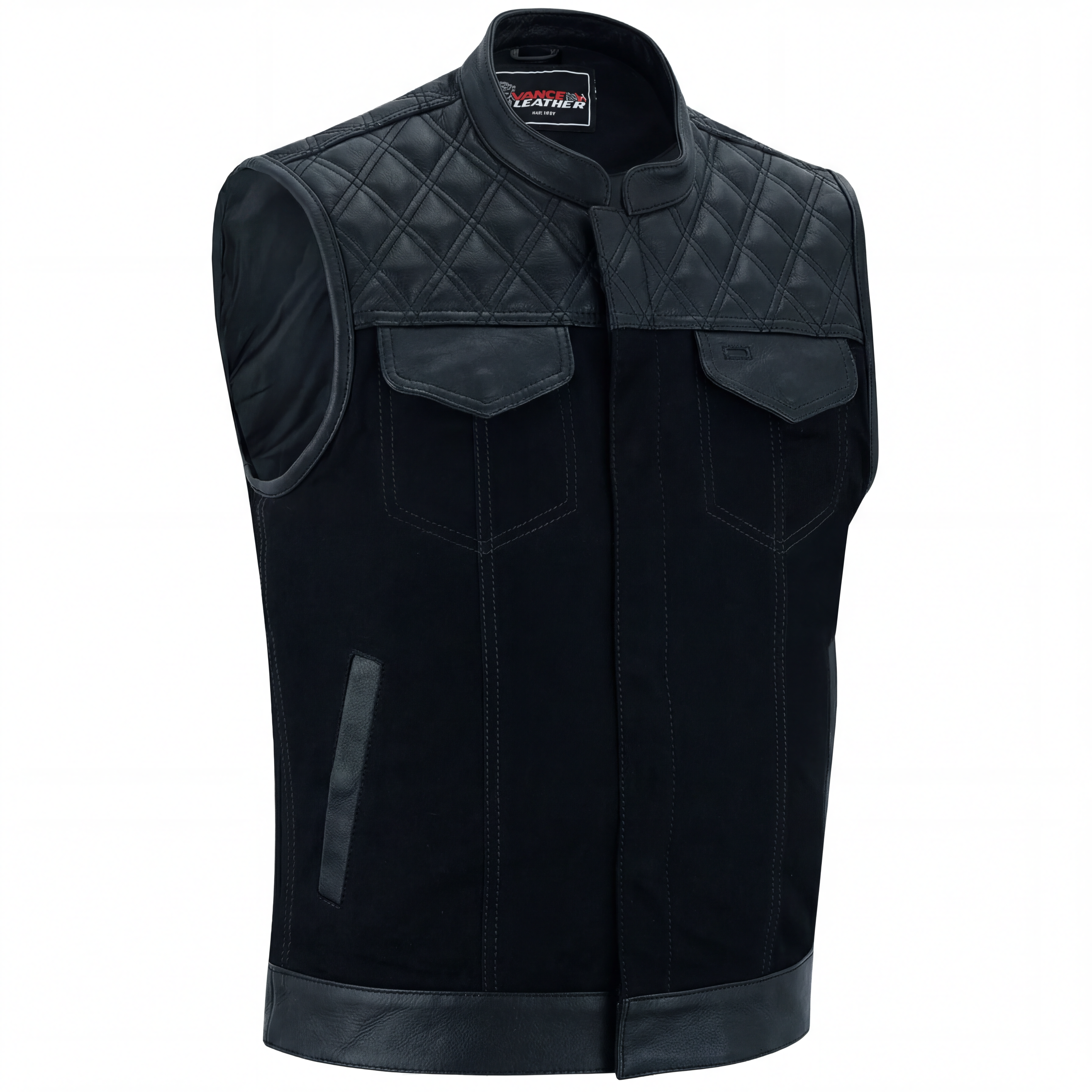 Men's Denim & Leather Motorcycle Vest with Conceal Carry Pockets and Black Stitching