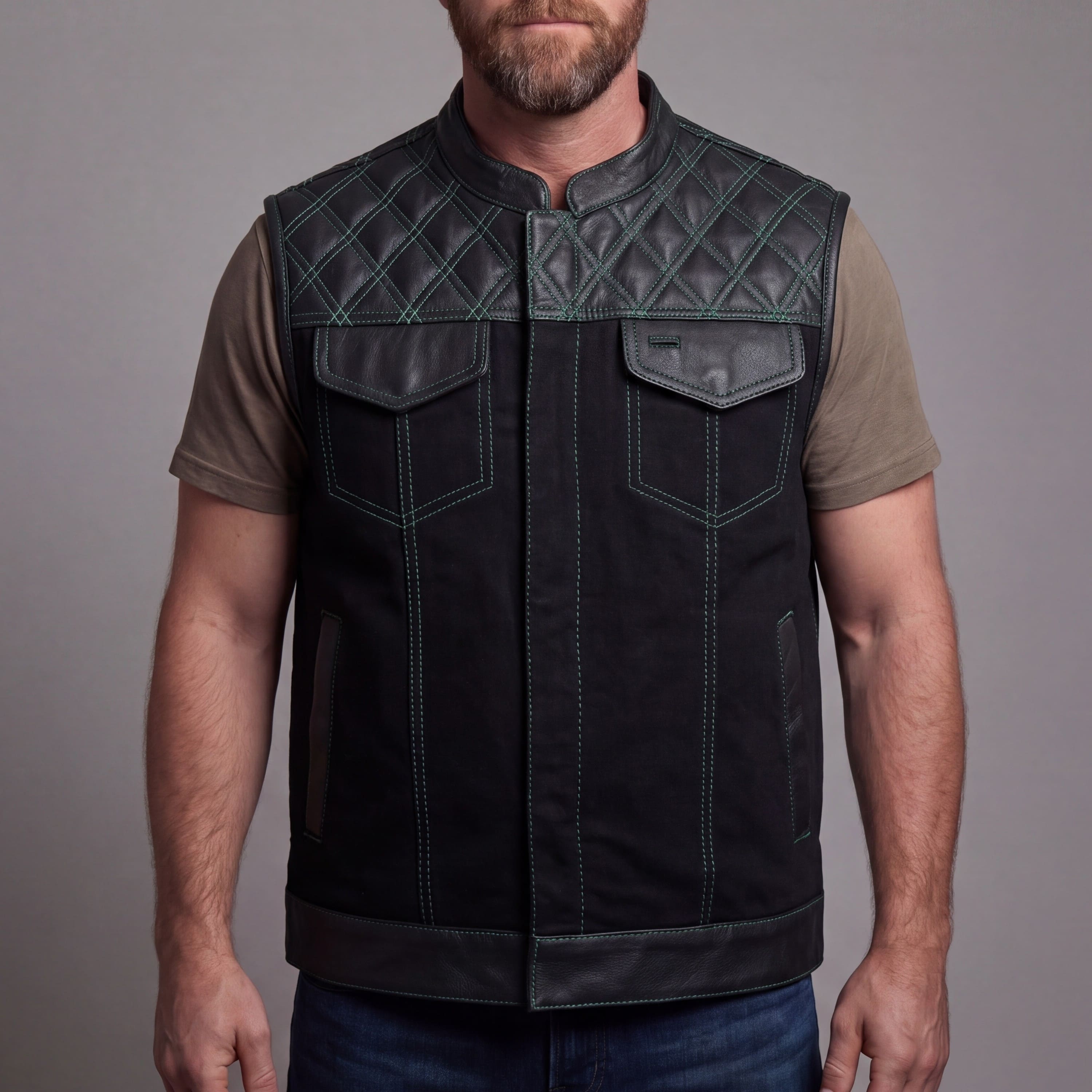 Men's Denim & Leather Motorcycle Vest with Conceal Carry Pockets and Green Stitching - Front Pose