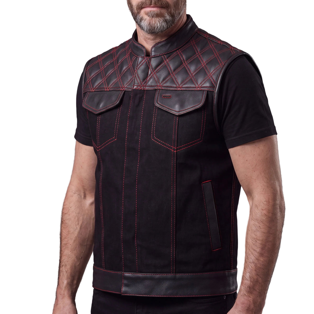 Men's Denim & Leather Motorcycle Vest with CCW Pockets and Red Stitching - Side Pose