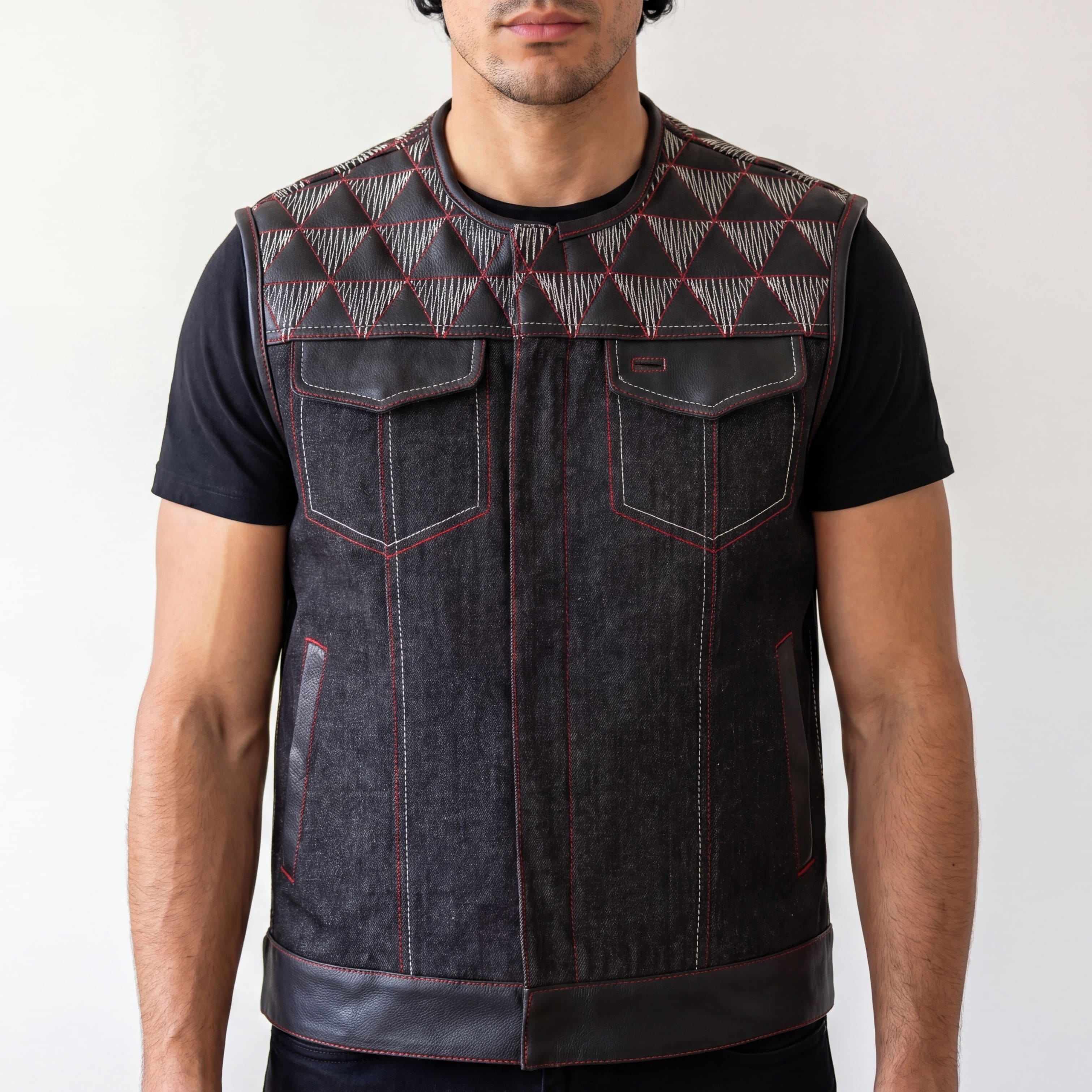 Men's Denim & Leather Motorcycle Vest with Conceal Carry Pockets, SOA Biker Club Vest Red & White Stitching - front pose