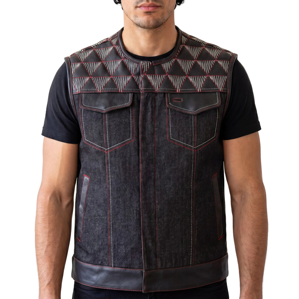 Men's Denim & Leather Motorcycle Vest with Conceal Carry Pockets, SOA Biker Club Vest Red & White Stitching - front pose