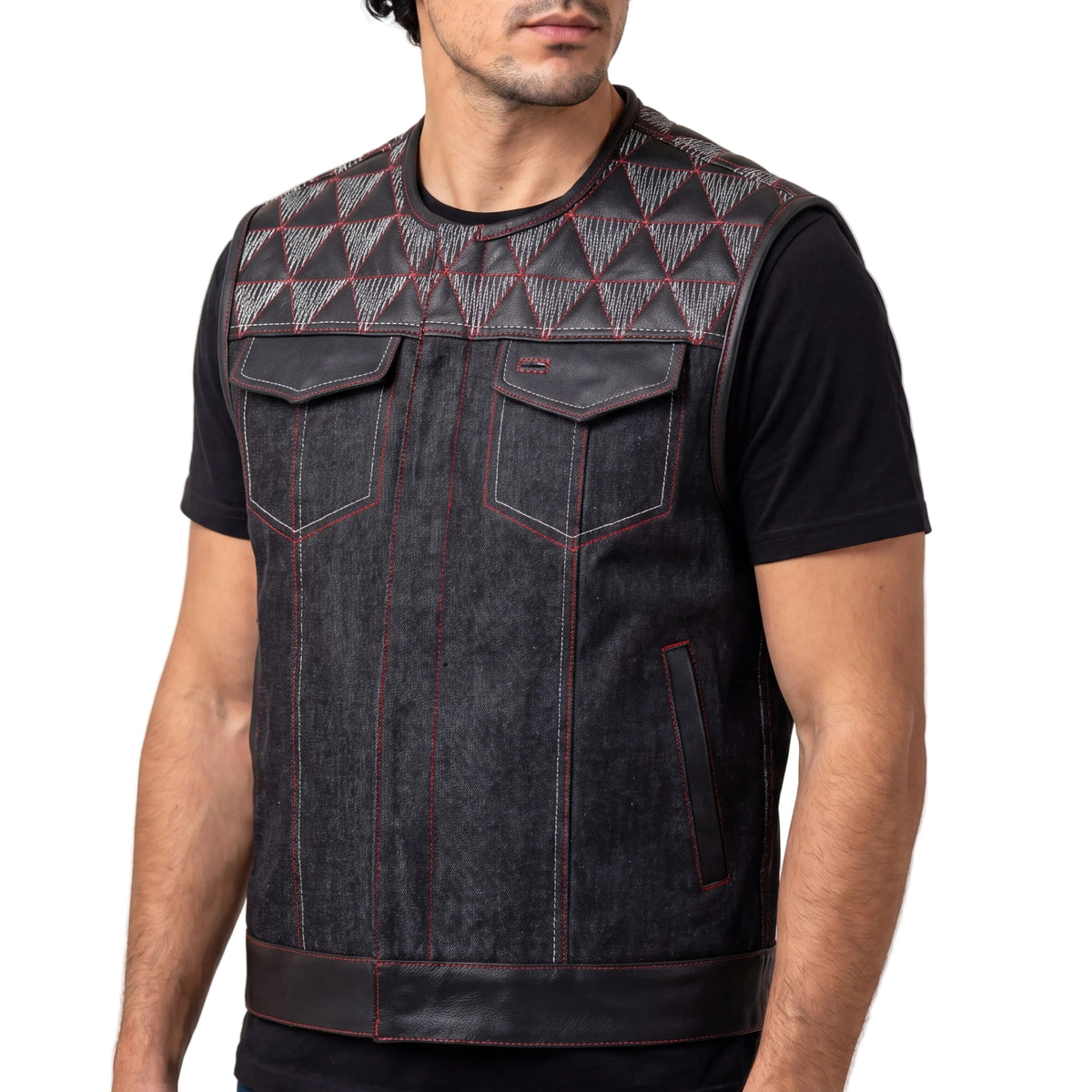Men's Denim & Leather Motorcycle Vest with Conceal Carry Pockets, SOA Biker Club Vest Red & White Stitching - side pose
