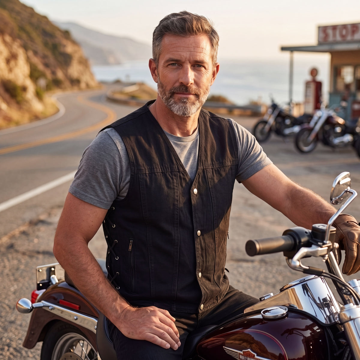 Vance Men's Black V-Neck Denim Vest for Motorcycle Riders - pic