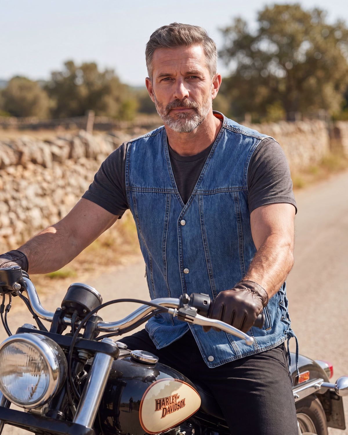 Vance Mens Blue V-Neck Denim Vest for Motorcycle Riders - pic