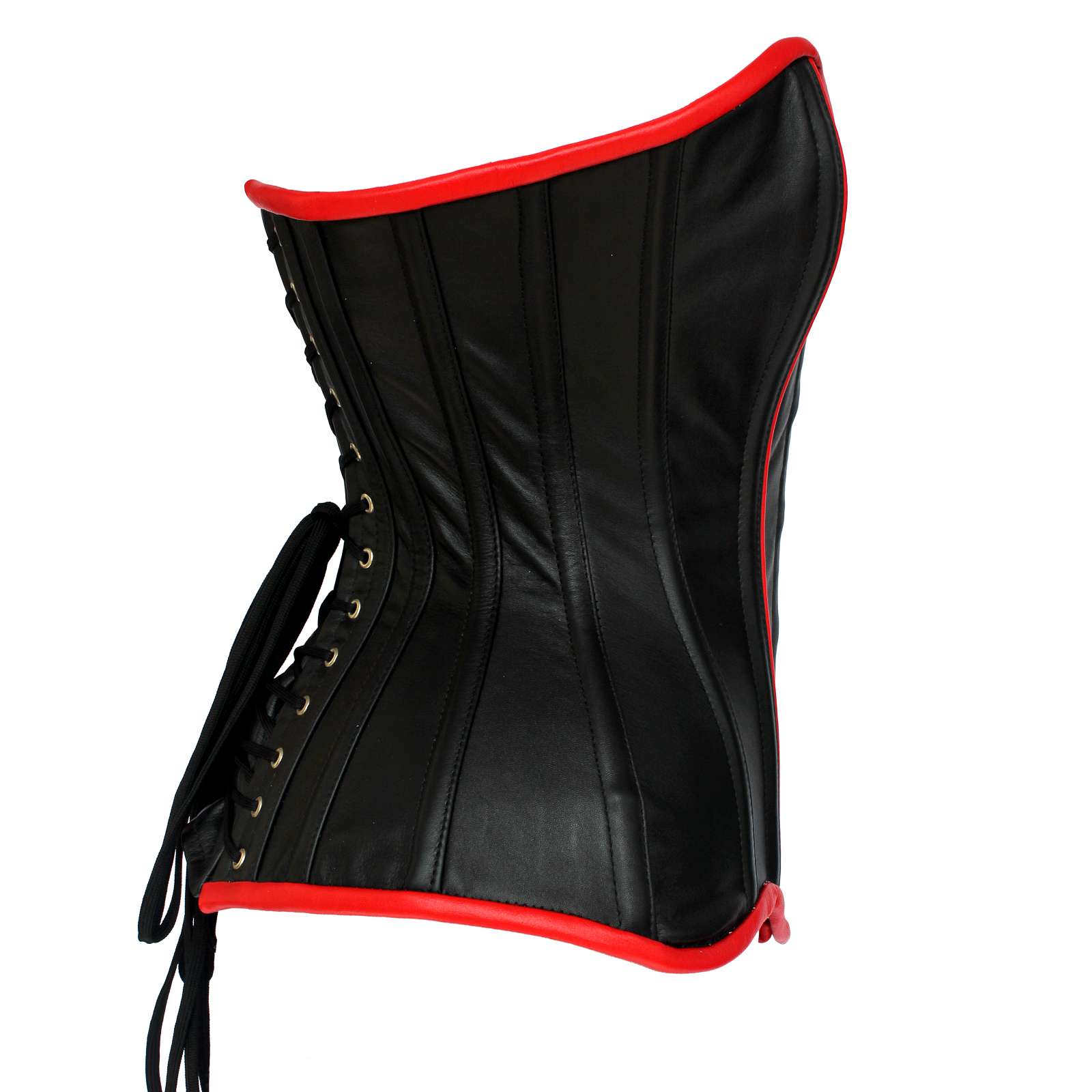 Black Leather Corset for Women | 16 Steel Boned Waist Trainer | Cowhide Leather Biker Corset with Red Piping | Gothic Steampunk Body Shaper