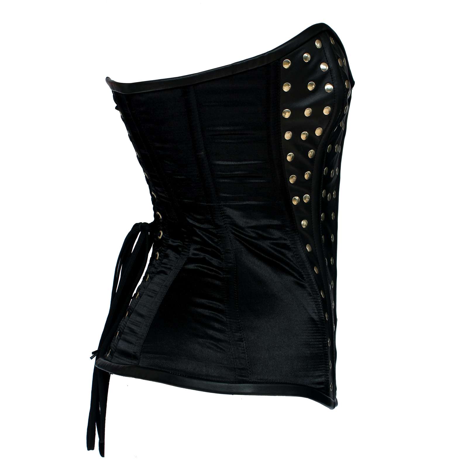 Rock Star Studded Leather & Satin Waist Trainer Corset | Black Leather Corset for Women | Gothic Steampunk Body Shaper