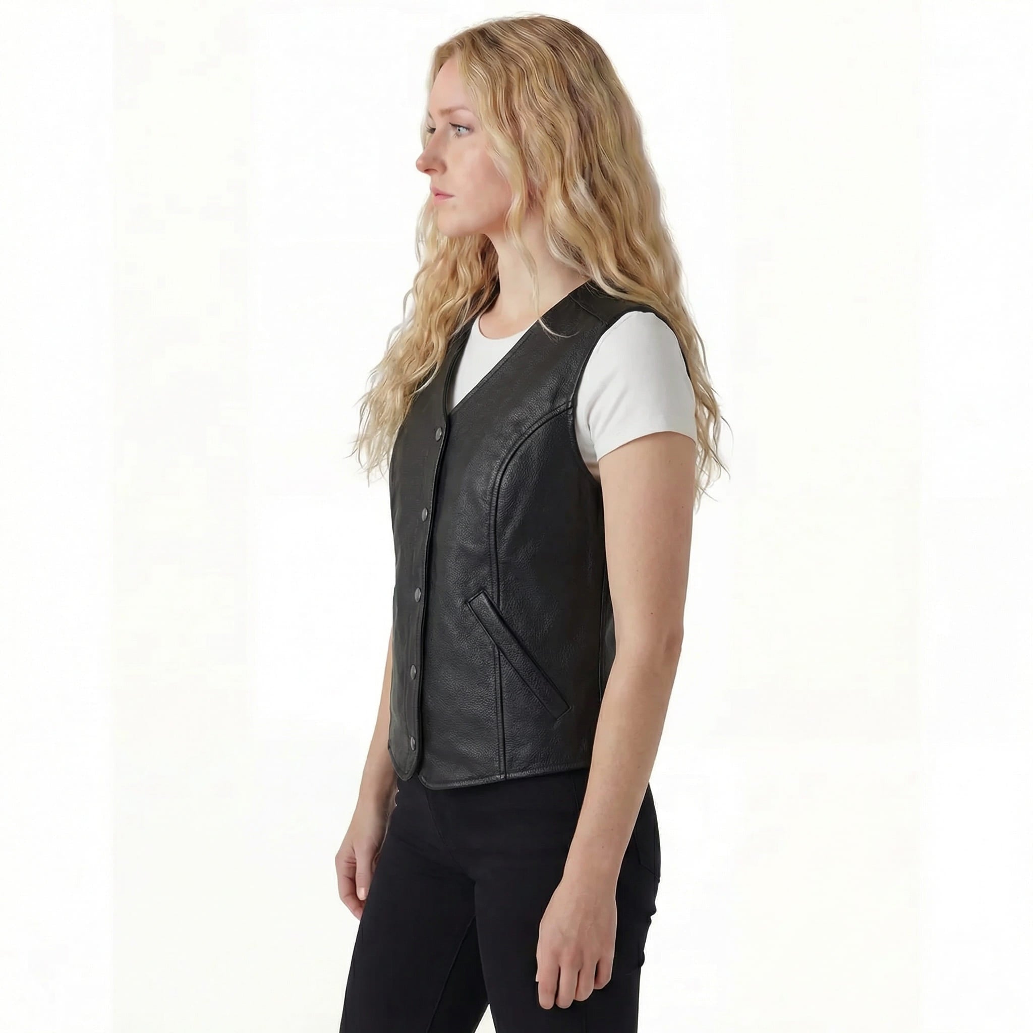 Womens Black Five Snap Lady Biker Leather Motorcycle Vest