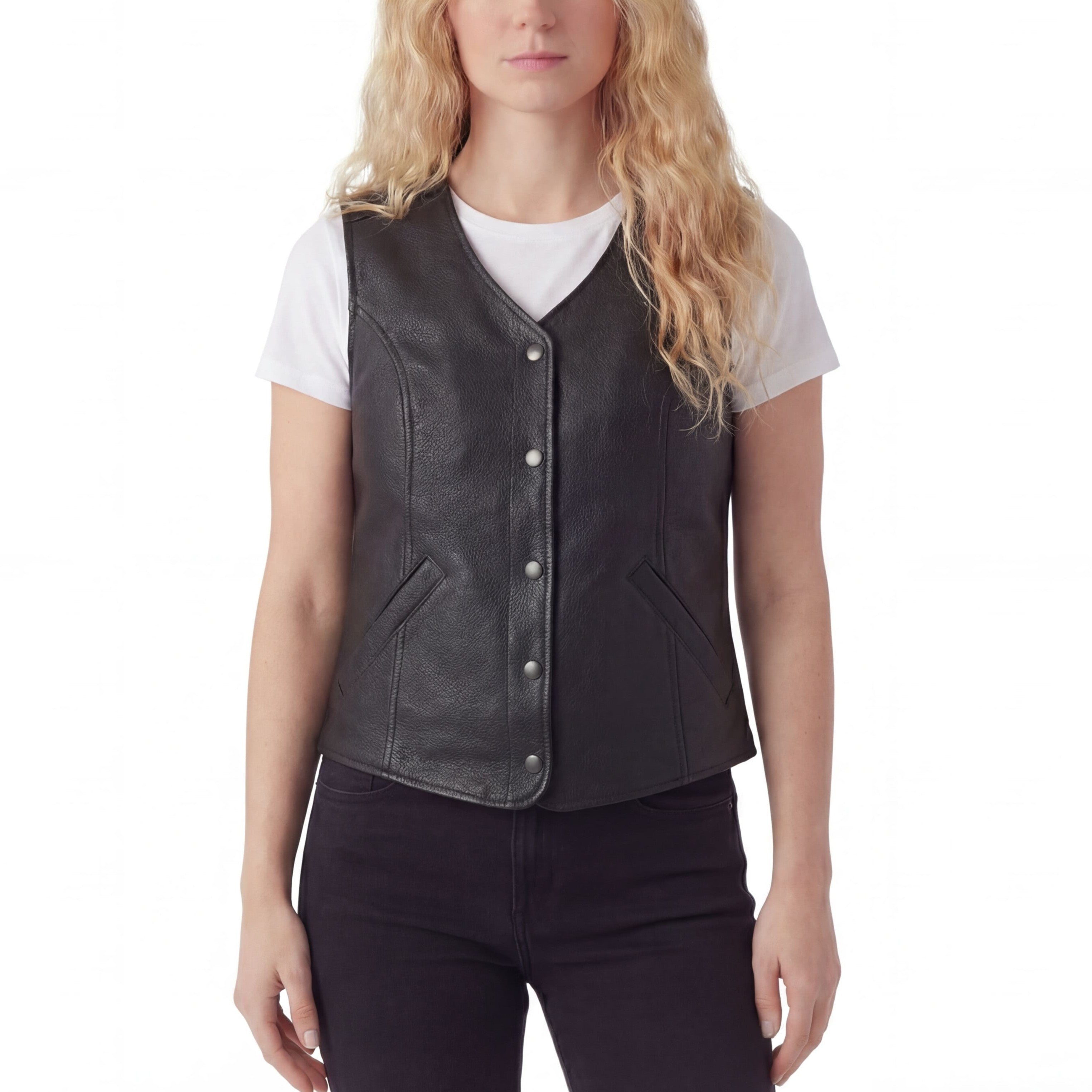 Womens Five Snap Lady Black Leather Biker Vest