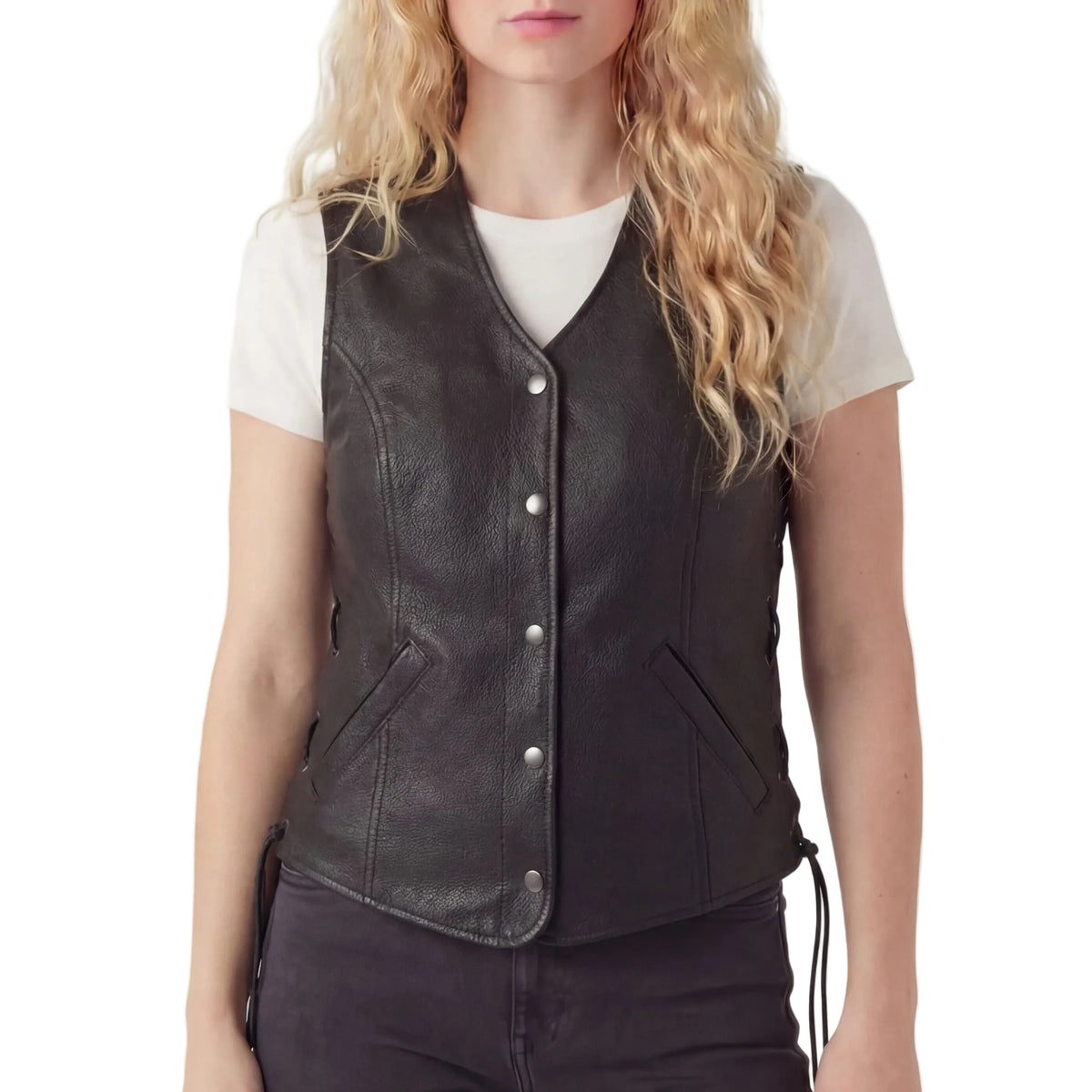 Vance Leather Ladies Leather Five-Snap Lace Side Vest - front pose