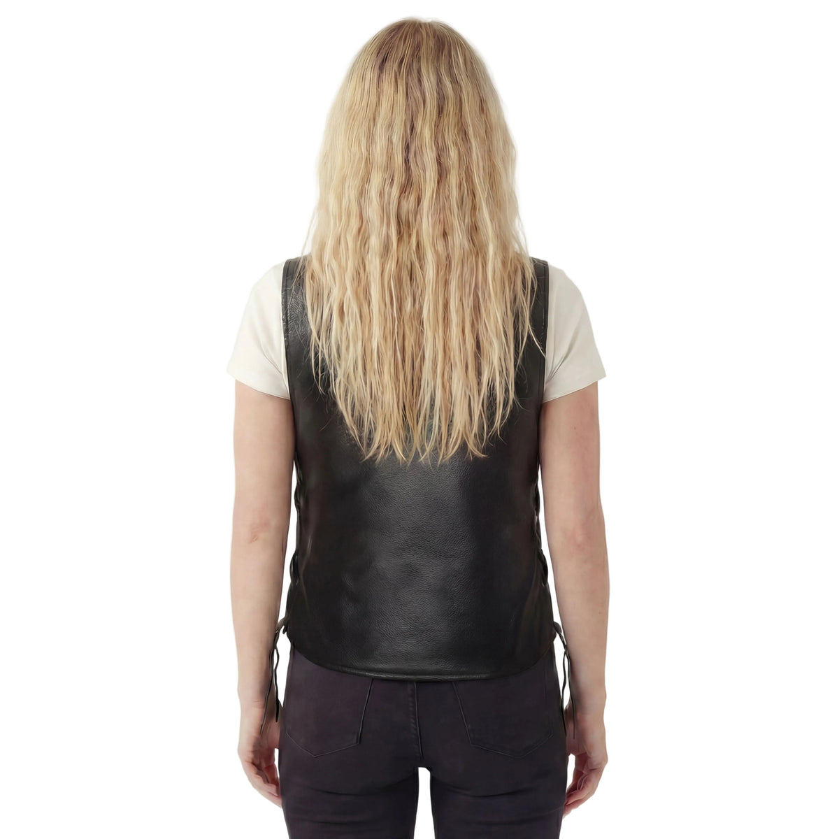 Vance Leather Ladies Leather Five-Snap Lace Side Vest - back pose