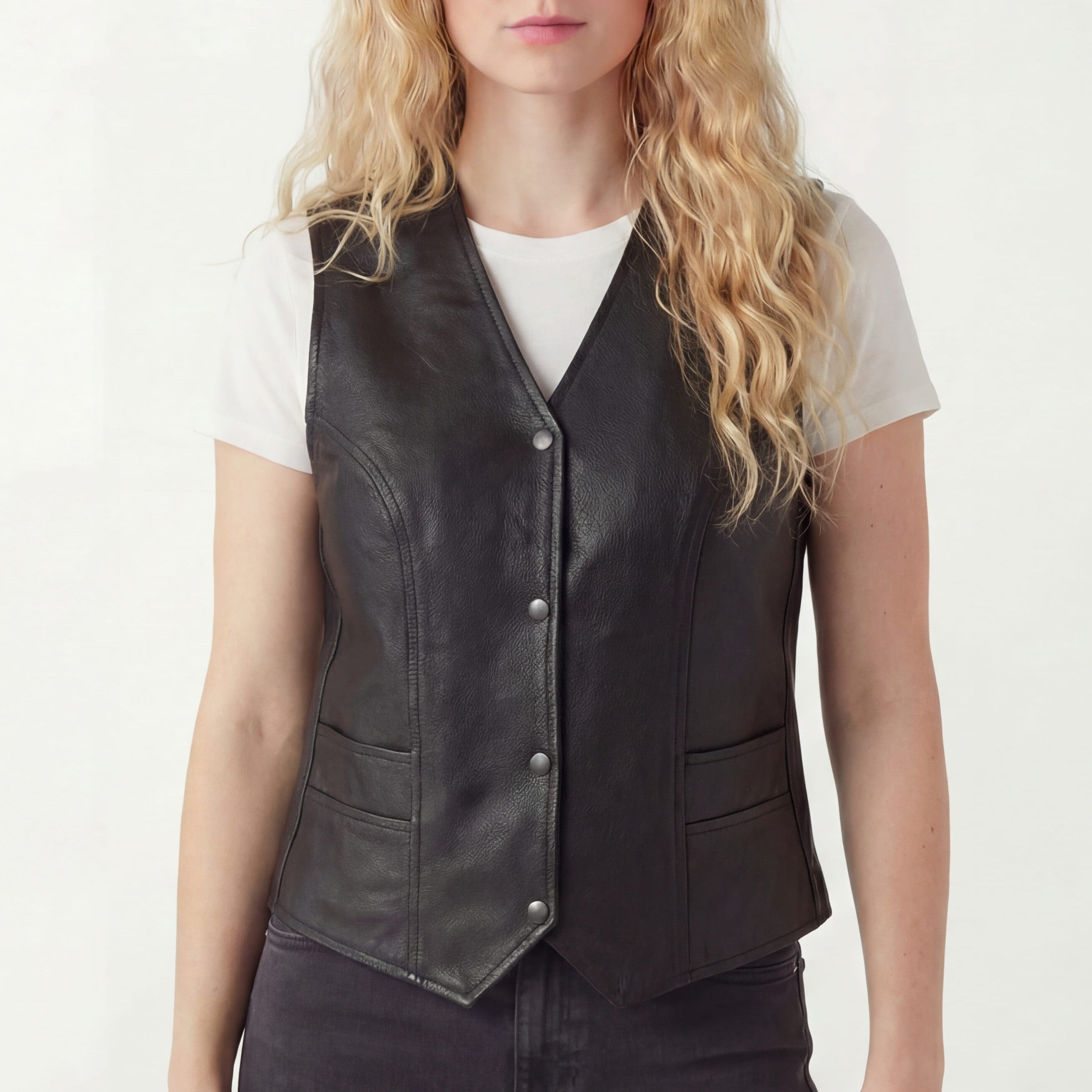 Vance Women’s Classic Black Leather Motorcycle Vest Snap Front Biker Vest with CCW Pockets - front pose