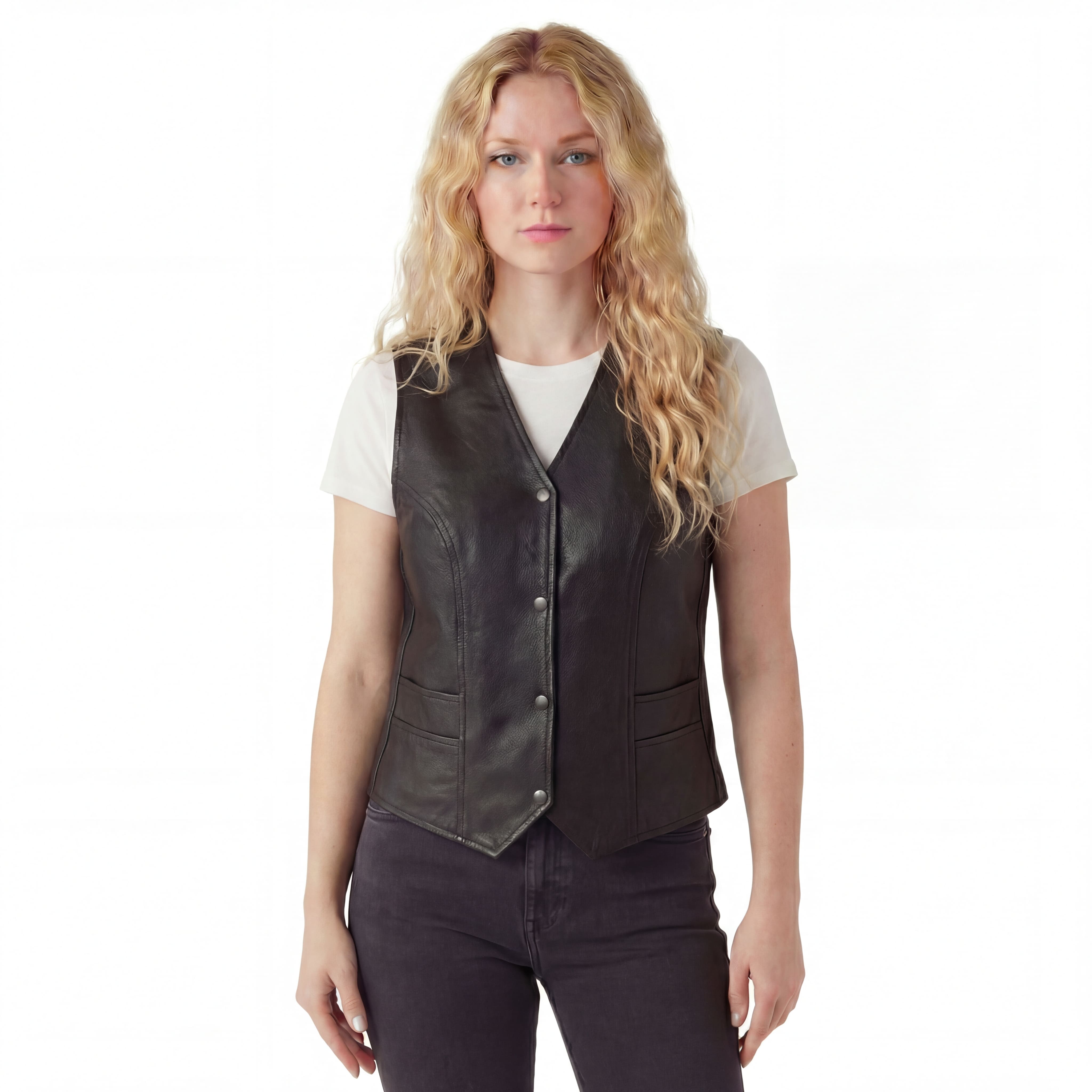 Vance Women’s Classic Black Leather Motorcycle Vest Snap Front Biker Vest with CCW Pockets