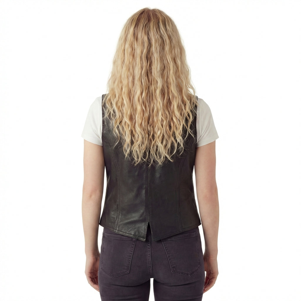 Vance Women’s Classic Black Leather Motorcycle Vest Snap Front Biker Vest with CCW Pockets - back pose