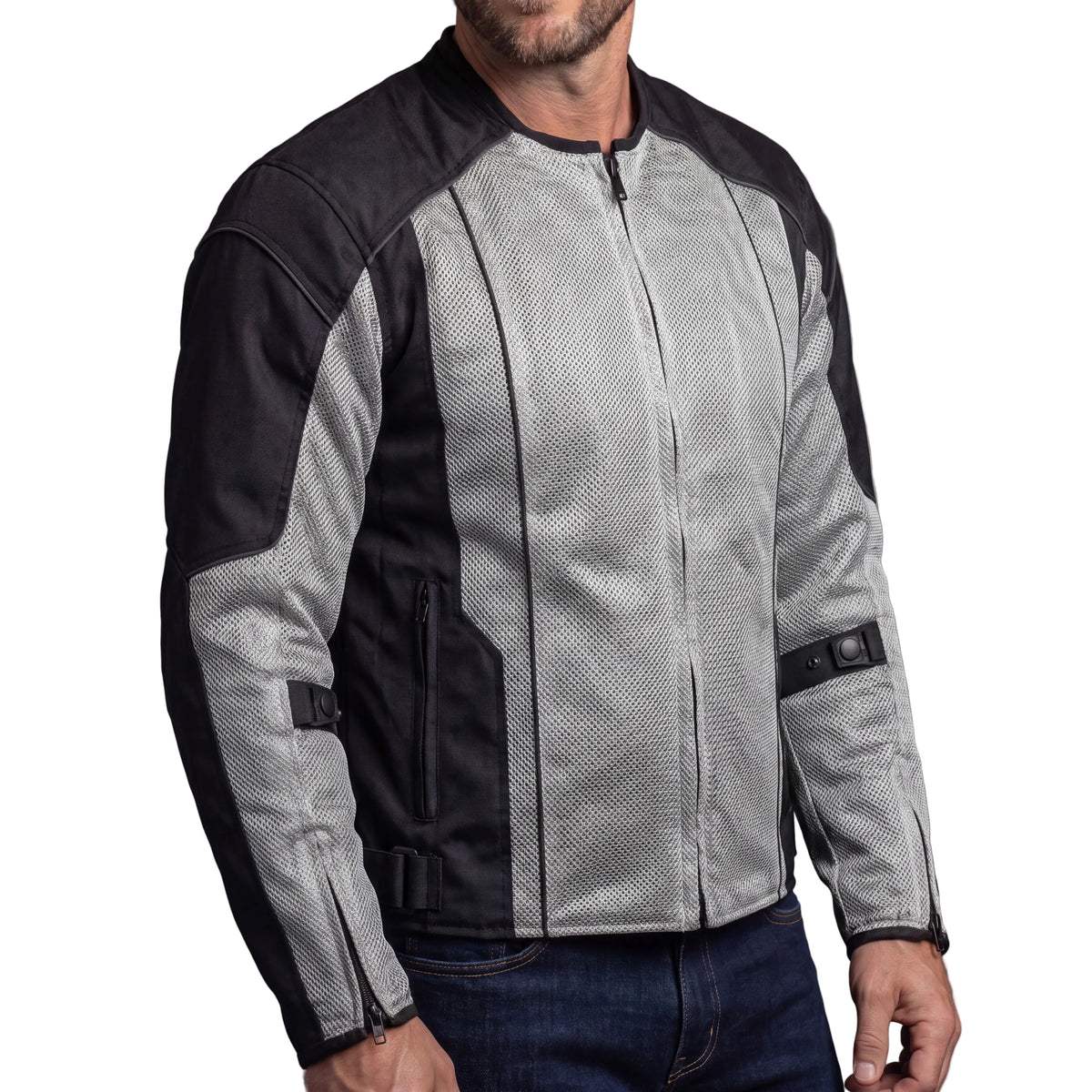 Vance Mens Silver Advanced 3-Season Mesh/Textile CE Armor Motorcycle Jacket - side pose