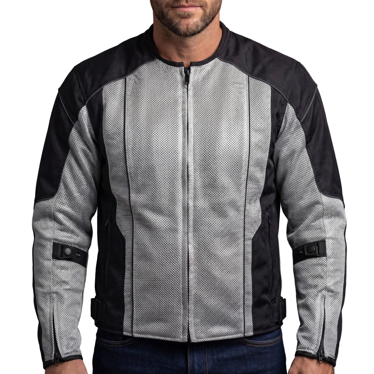 Vance Mens Silver Advanced 3-Season Mesh/Textile CE Armor Motorcycle Jacket - front pose