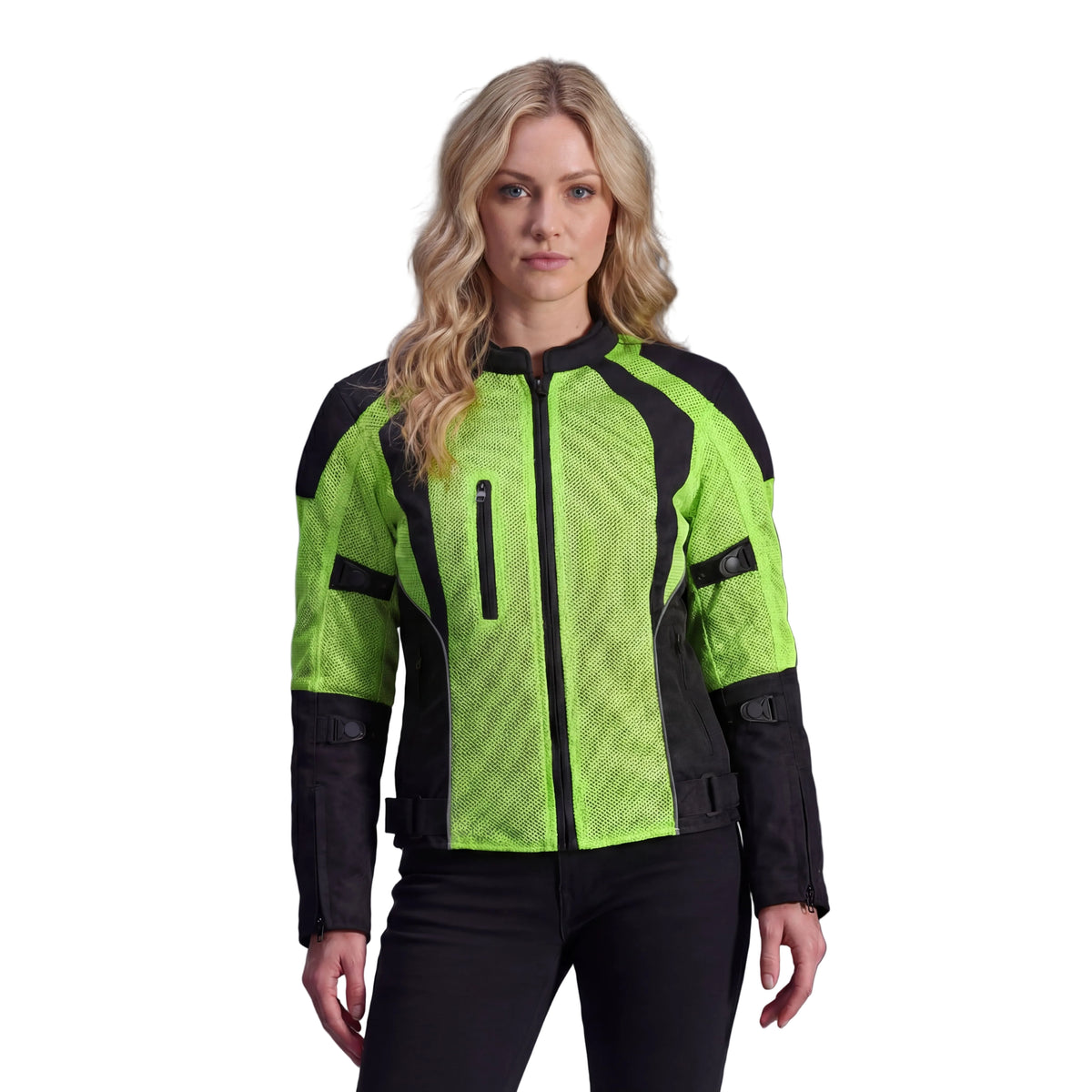 Vance Womens High Visibility Mesh Motorcycle Riding Jacket With CE Armor & Removeable Thermal Liner