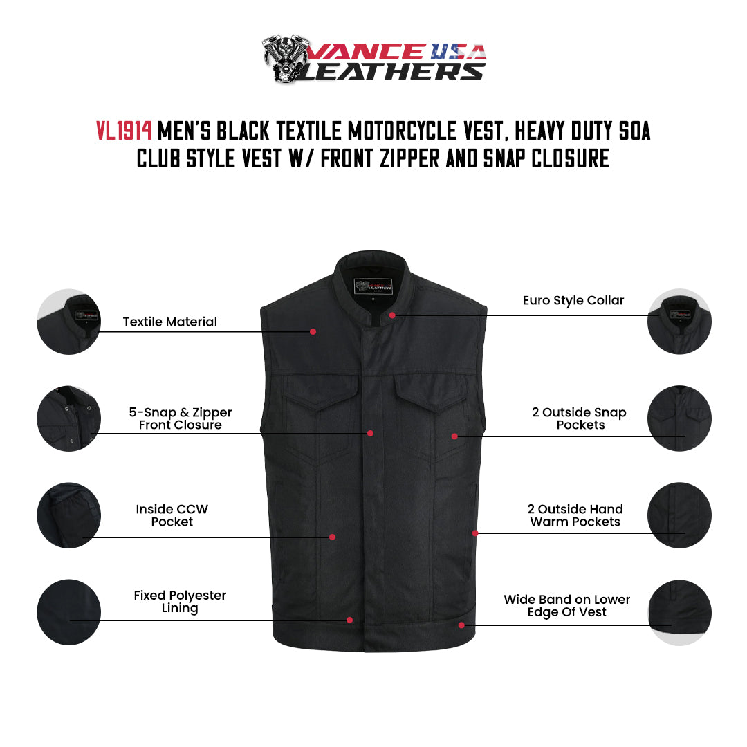 Men’s Black Textile Motorcycle Vest, Heavy Duty SOA Club Style Vest w/ Front Zipper and Snap Closure