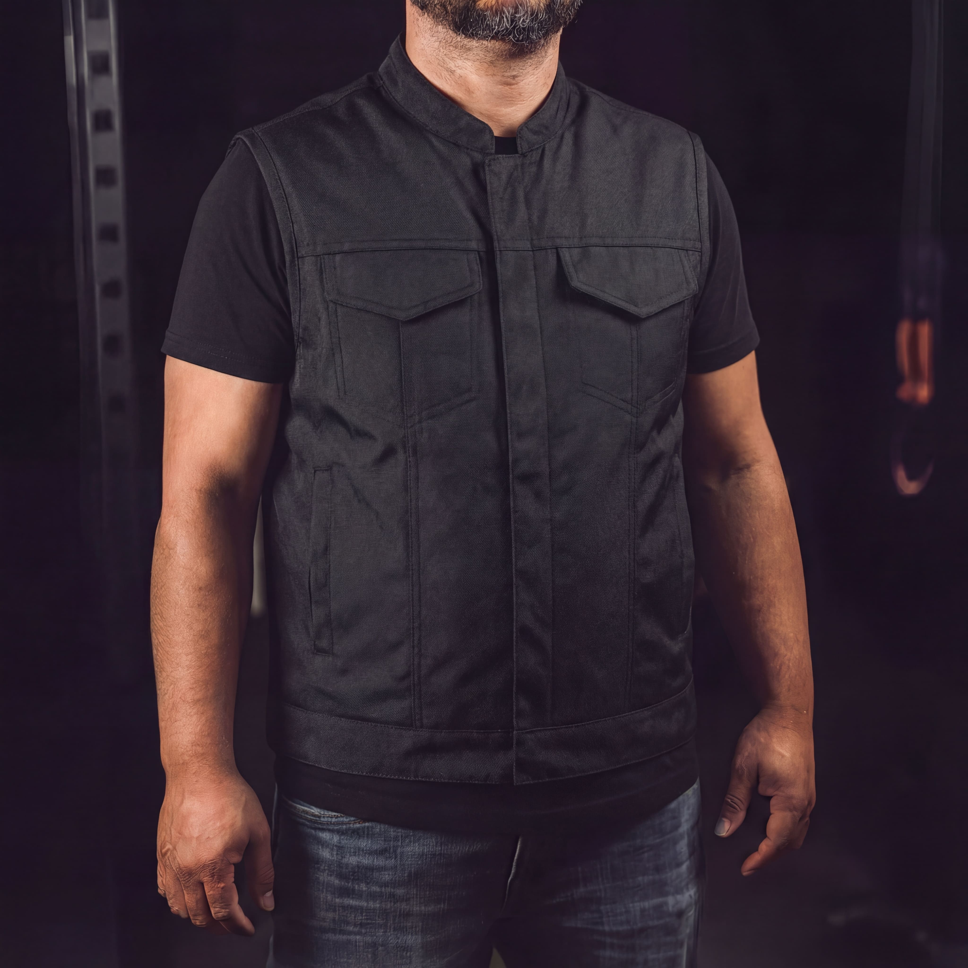 Men’s Black Textile Motorcycle Vest, Heavy Duty SOA Club Style Vest w/ Front Zipper and Snap Closure - Pic