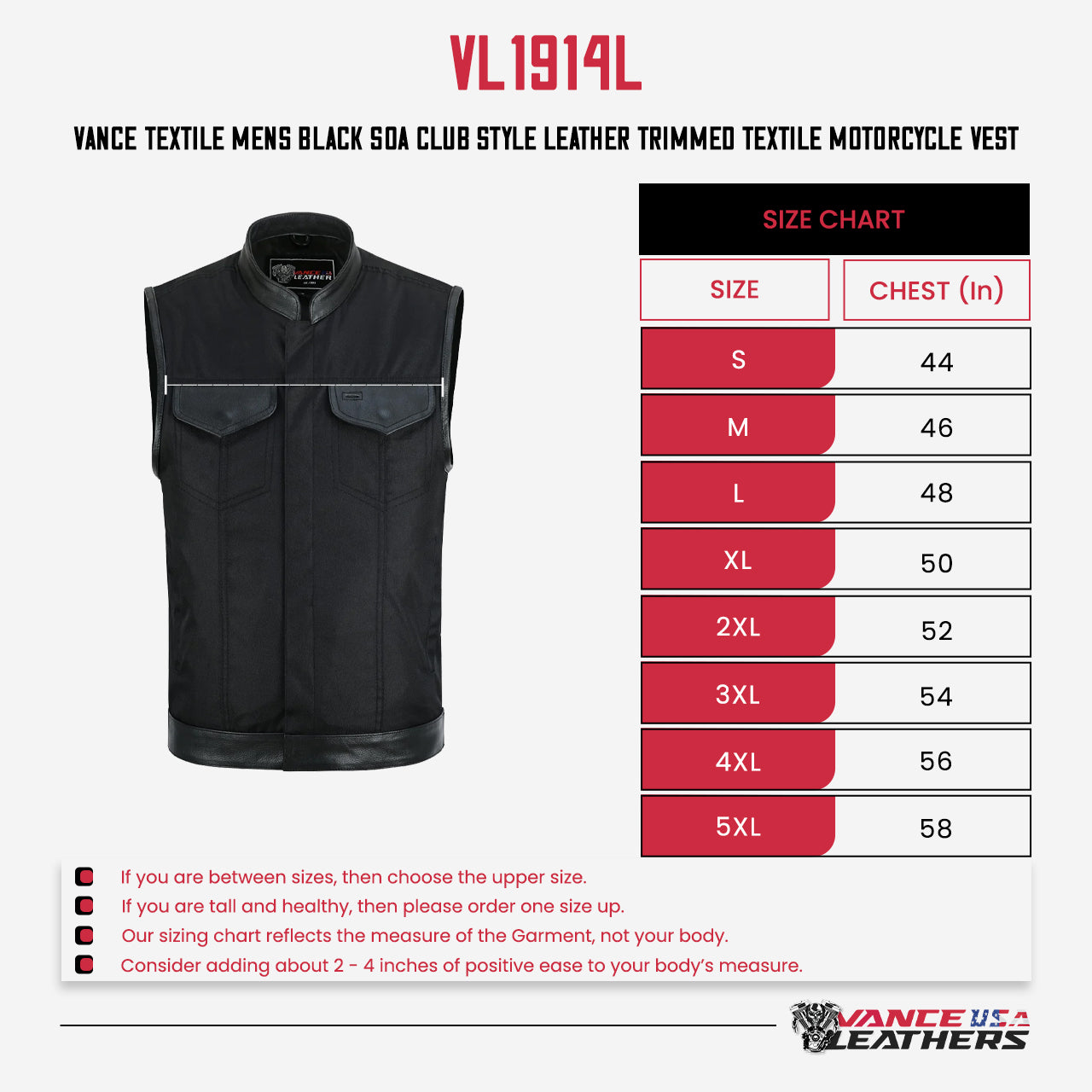 Vance Textile Mens Black SOA Club Style Leather Trimmed Textile Motorcycle Vest w/ Front Zipper and Snap Closure