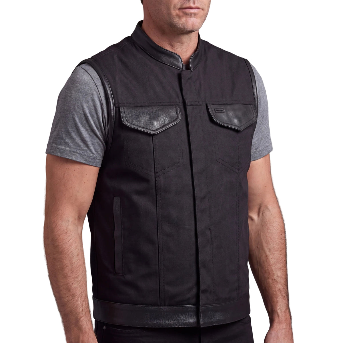 Vance Textile Mens Black SOA Club Style Leather Trimmed Textile Motorcycle Vest w/ Front Zipper and Snap Closure - side pose