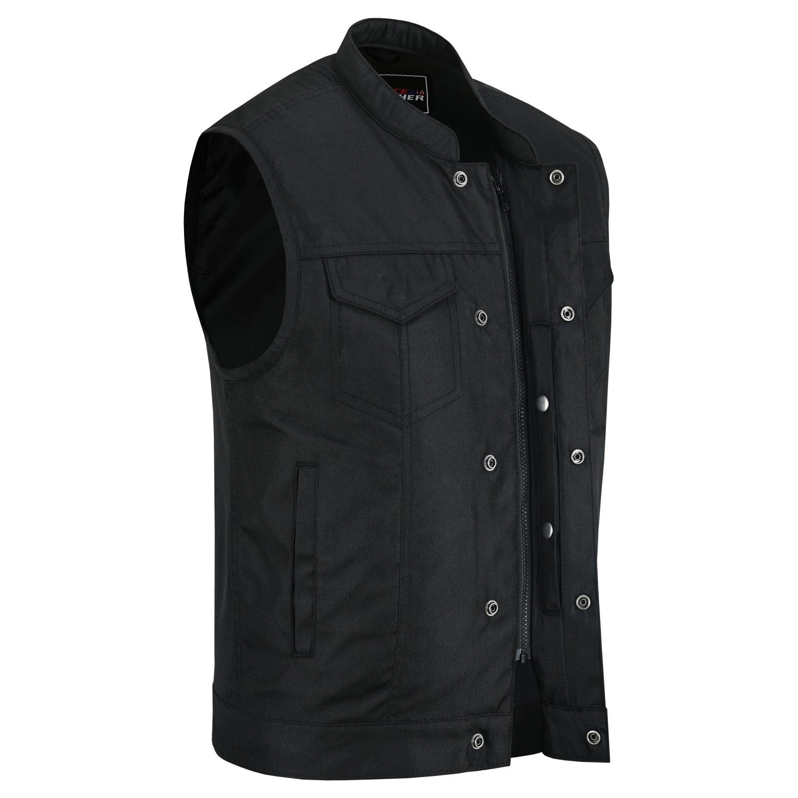 Men’s Black Textile Motorcycle Vest, Heavy Duty SOA Club Style Vest w/ Front Zipper and Snap Closure