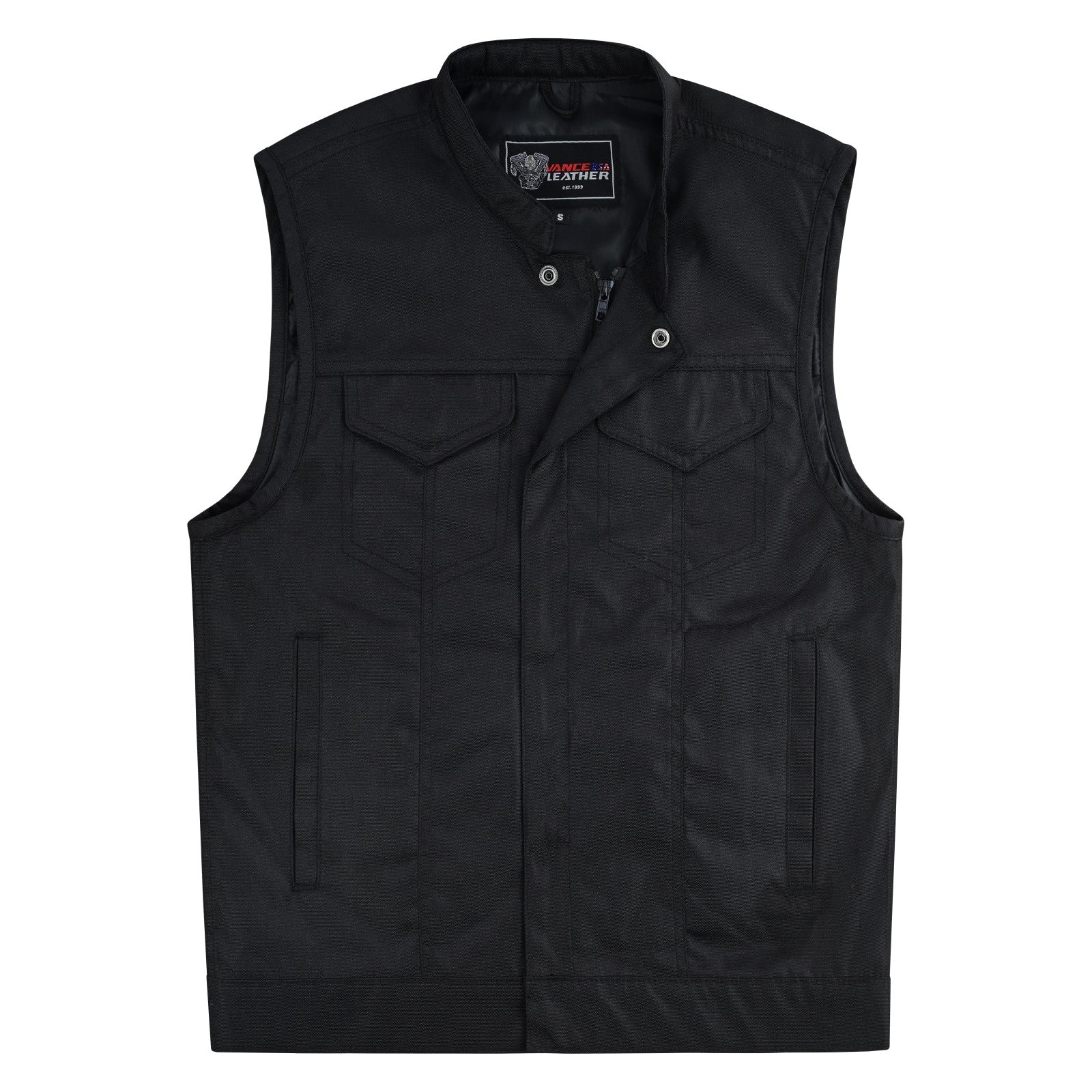 Men’s Black Textile Motorcycle Vest, Heavy Duty SOA Club Style Vest w/ Front Zipper and Snap Closure