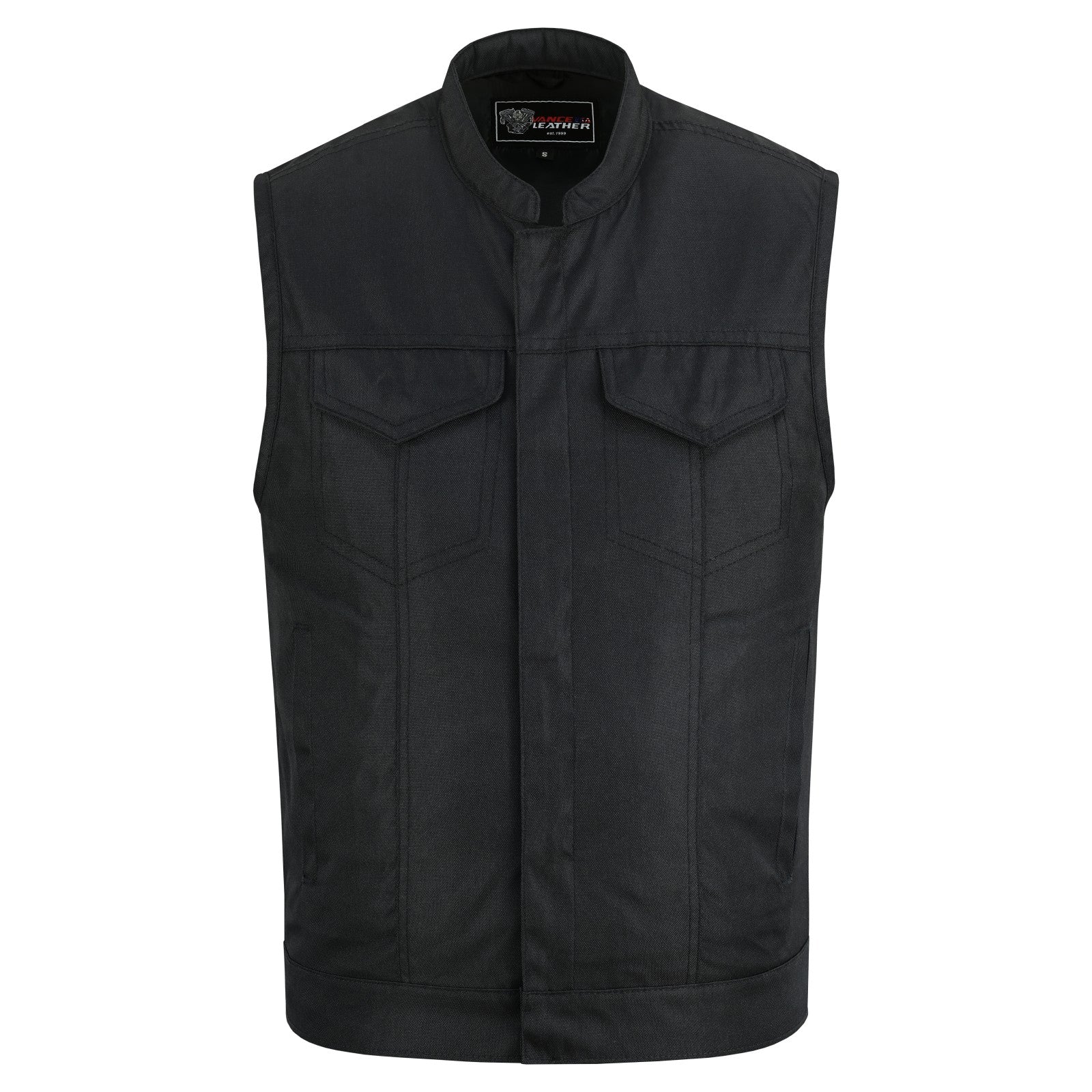 Men’s Black Textile Motorcycle Vest, Heavy Duty SOA Club Style Vest w/ Front Zipper and Snap Closure