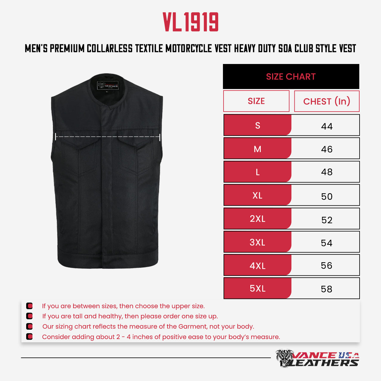 Men’s Premium Collarless Textile Motorcycle Vest Heavy Duty SOA Club Style Vest w/ Front Zipper and Snap Closure