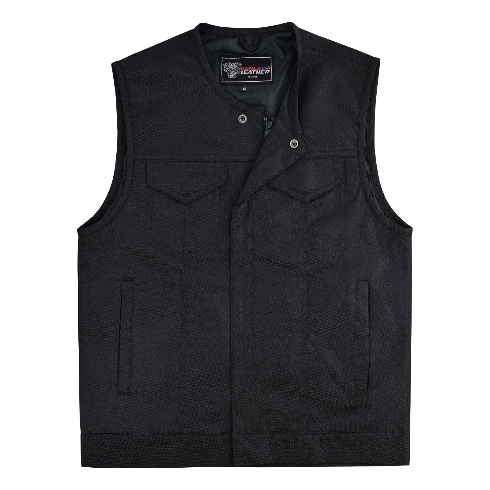 Men’s Premium Collarless Textile Motorcycle Vest Heavy Duty SOA Club Style Vest w/ Front Zipper and Snap Closure - Flat image