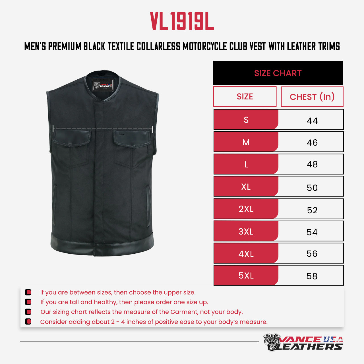 Men's Premium Black Textile Collarless Motorcycle Club Vest with Leather Trims