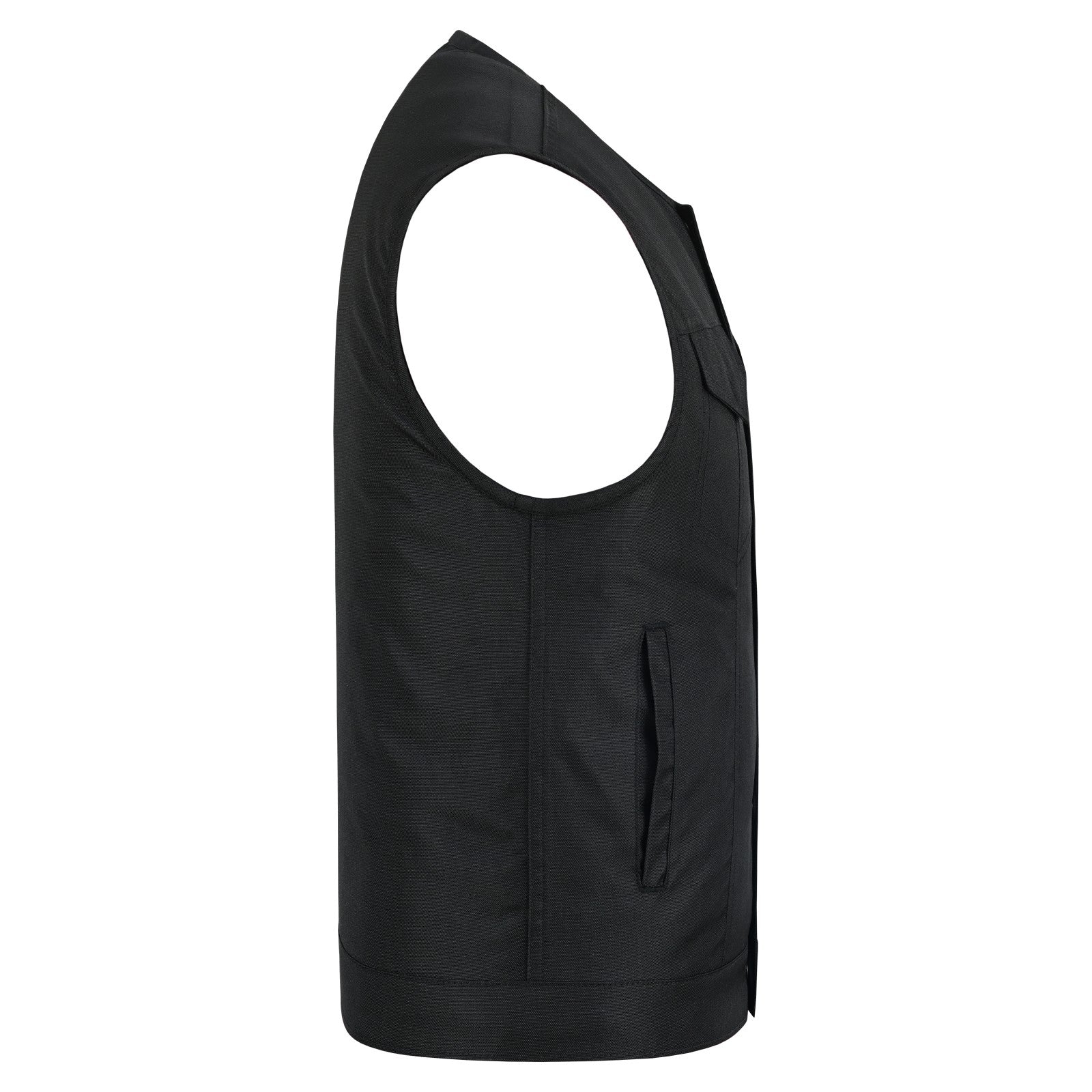Men’s Premium Collarless Textile Motorcycle Vest Heavy Duty SOA Club Style Vest w/ Front Zipper and Snap Closure - Side View