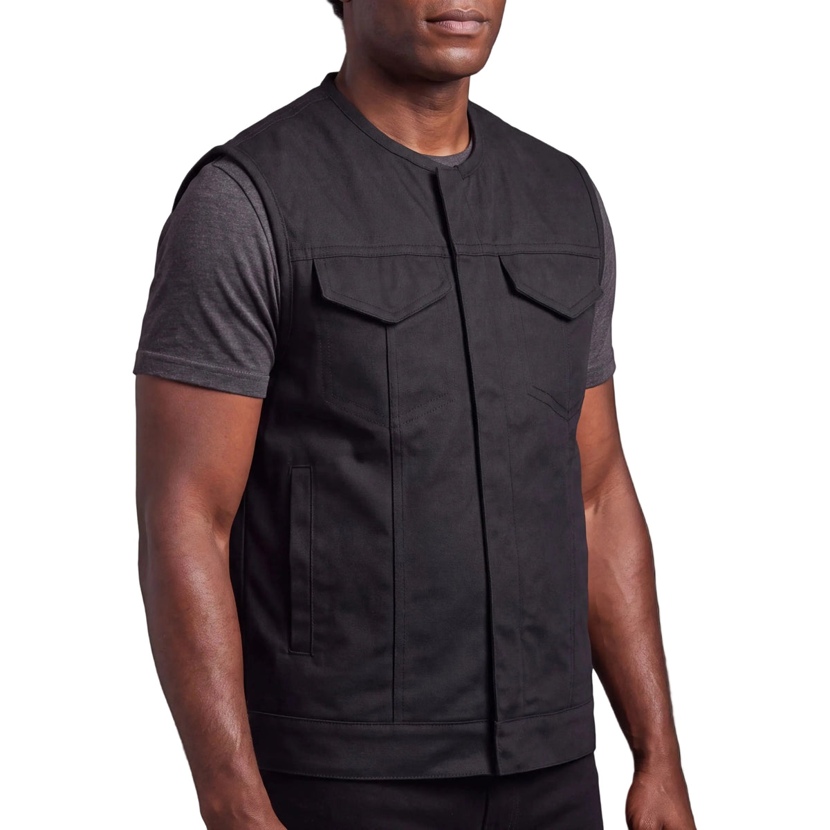 Men’s Premium Collarless Textile Motorcycle Vest Heavy Duty SOA Club Style Vest w/ Front Zipper and Snap Closure - side pose