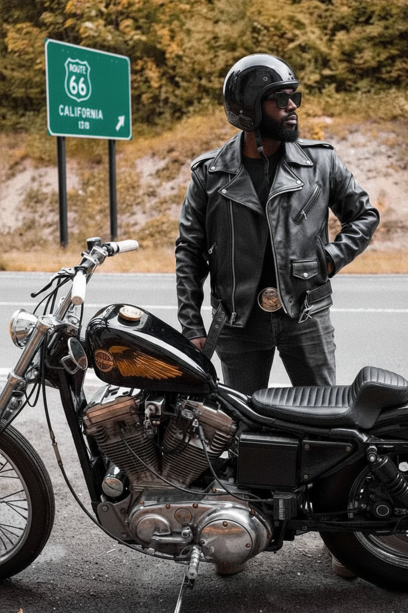 Men's Black Leather Motorcycle Jacket with CE Armor, Classic Biker Style w/ Side Lace & Belted Waist