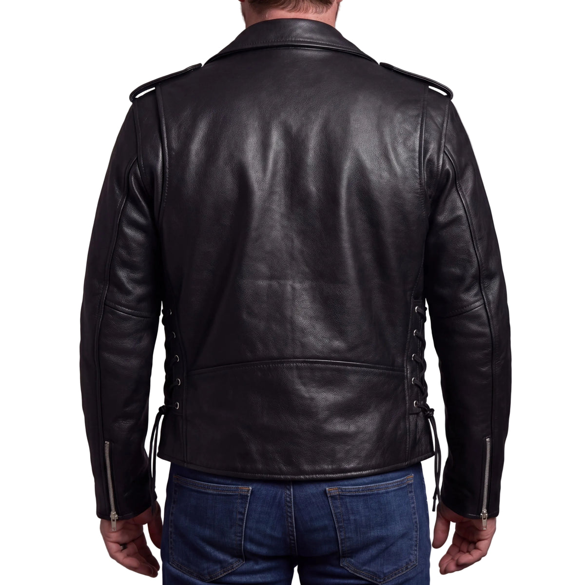 Mens Premium Classic Motorcycle Black Leather Jacket with Cowhide Conceal Carry - back pose