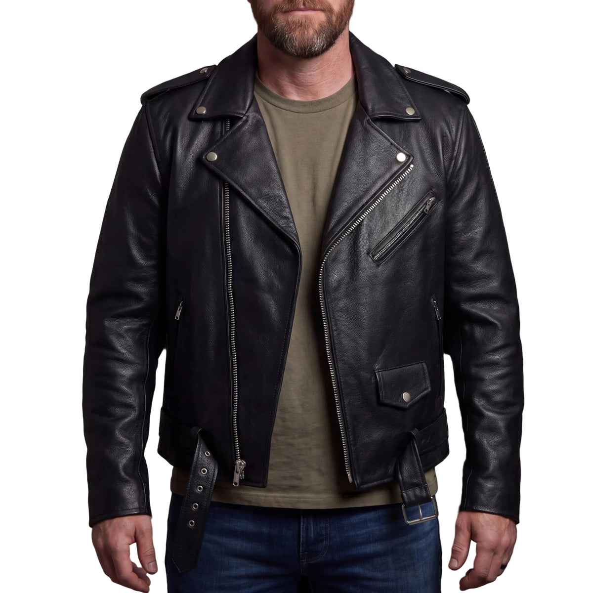 Mens Premium Classic Motorcycle Black Leather Jacket with Cowhide Conceal Carry - front pose