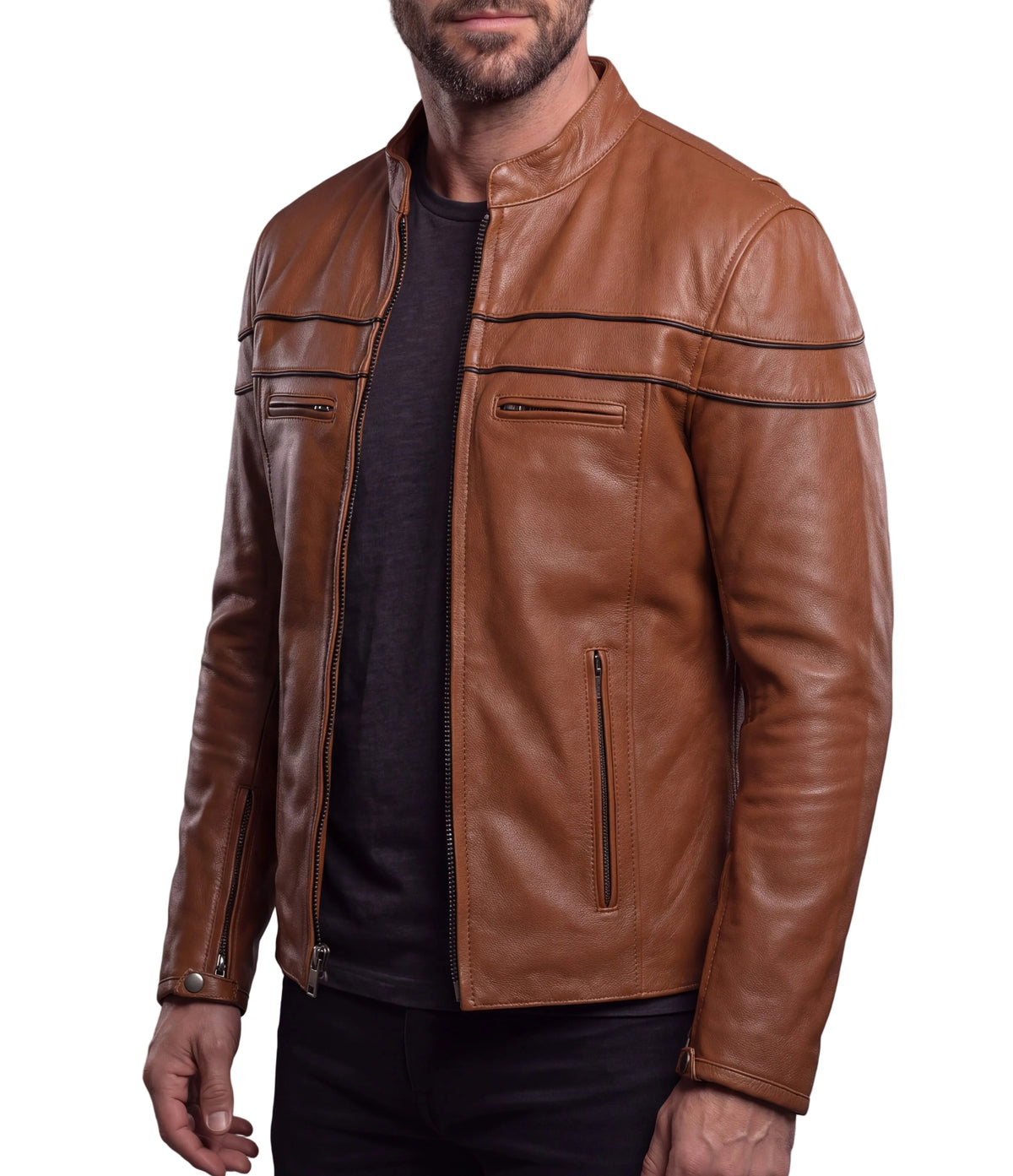 Men's Cognac Brown Premium Cowhide Cafe Racer Leather Motorcycle Jacket with Zipper Vents - side pic