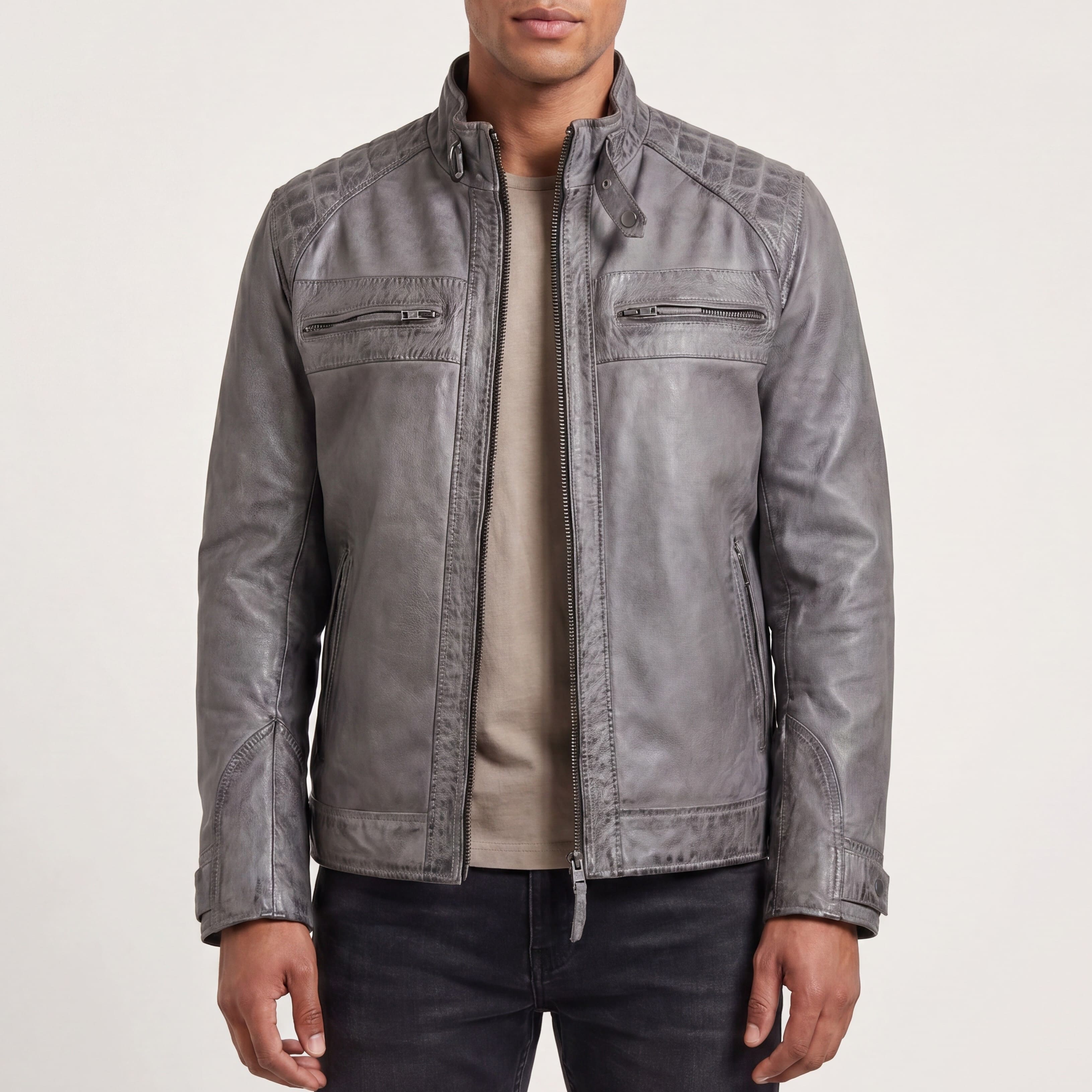 Men's Cafe Racer Waxed Lambskin Distressed Grey Motorcycle Leather Jacket - front pose