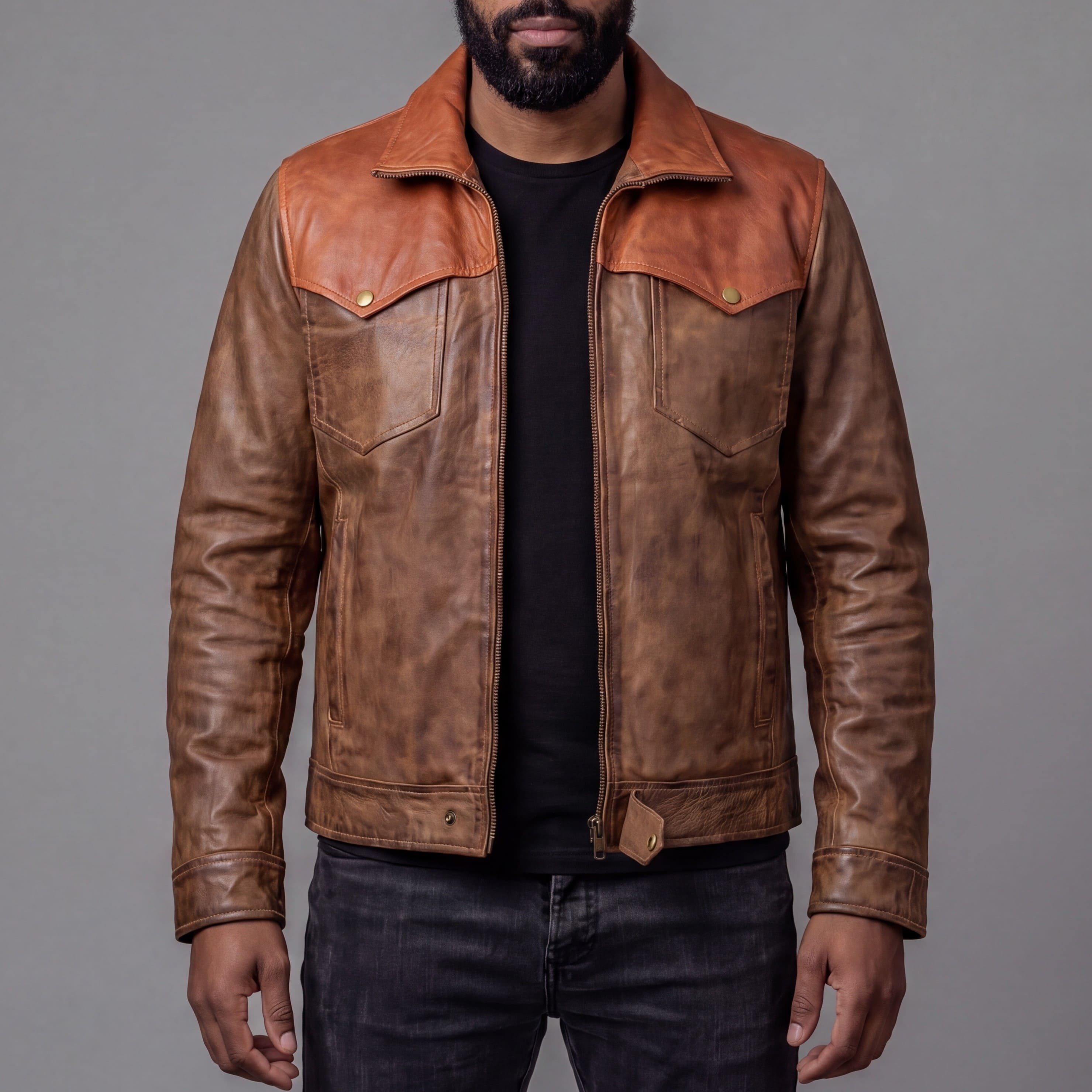 Men's Western Waxed Two-Tone Austin Brown Leather Jacket - front pose