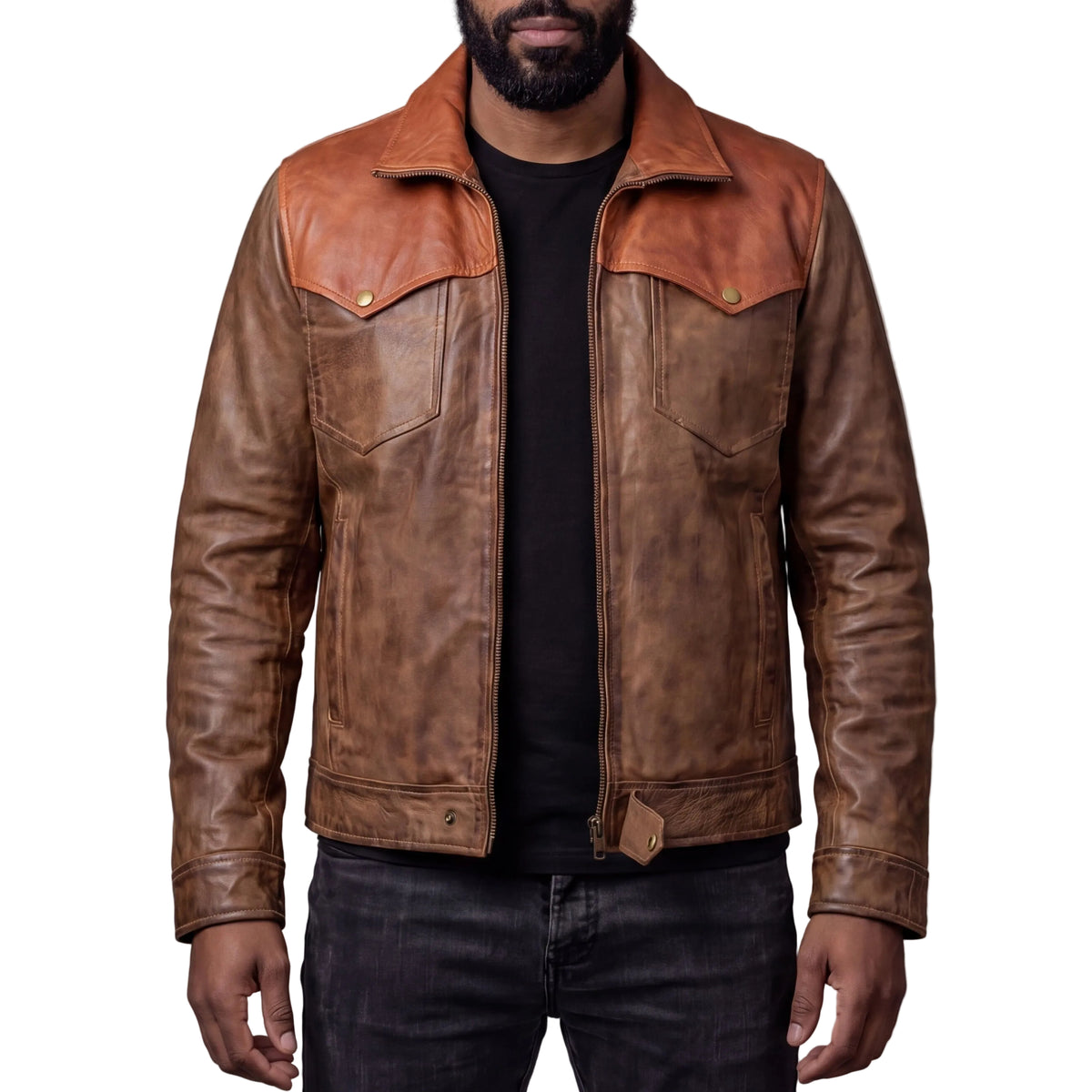 Men's Western Waxed Two-Tone Austin Brown Leather Jacket - front pose