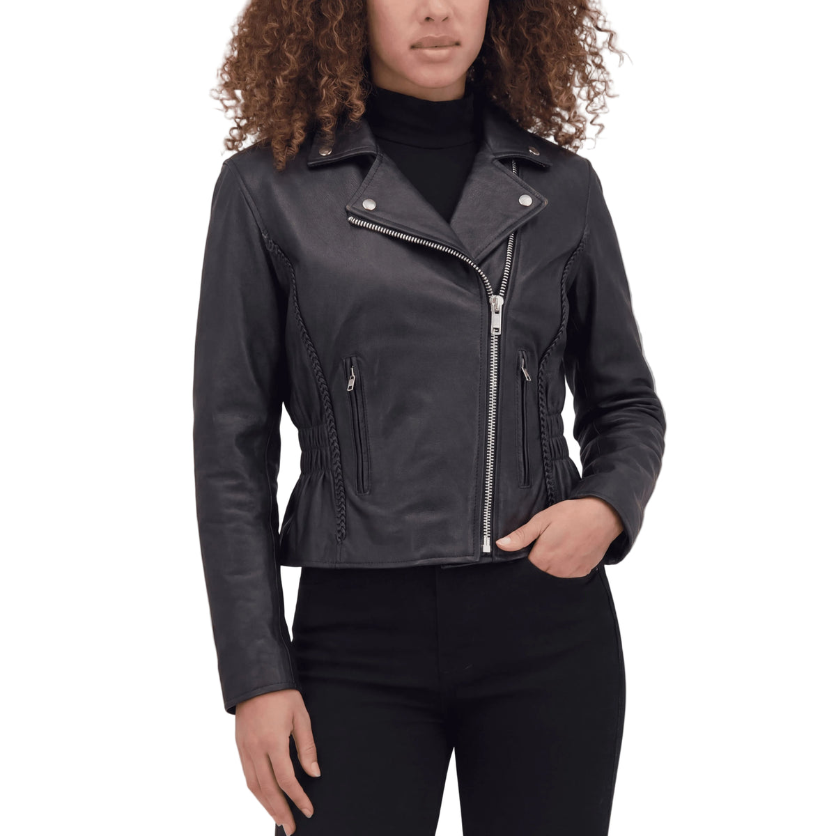 Vance Leather Women's Black Soft Cowhide Braided and Studded Biker Motorcycle Riding Jacket - front pose