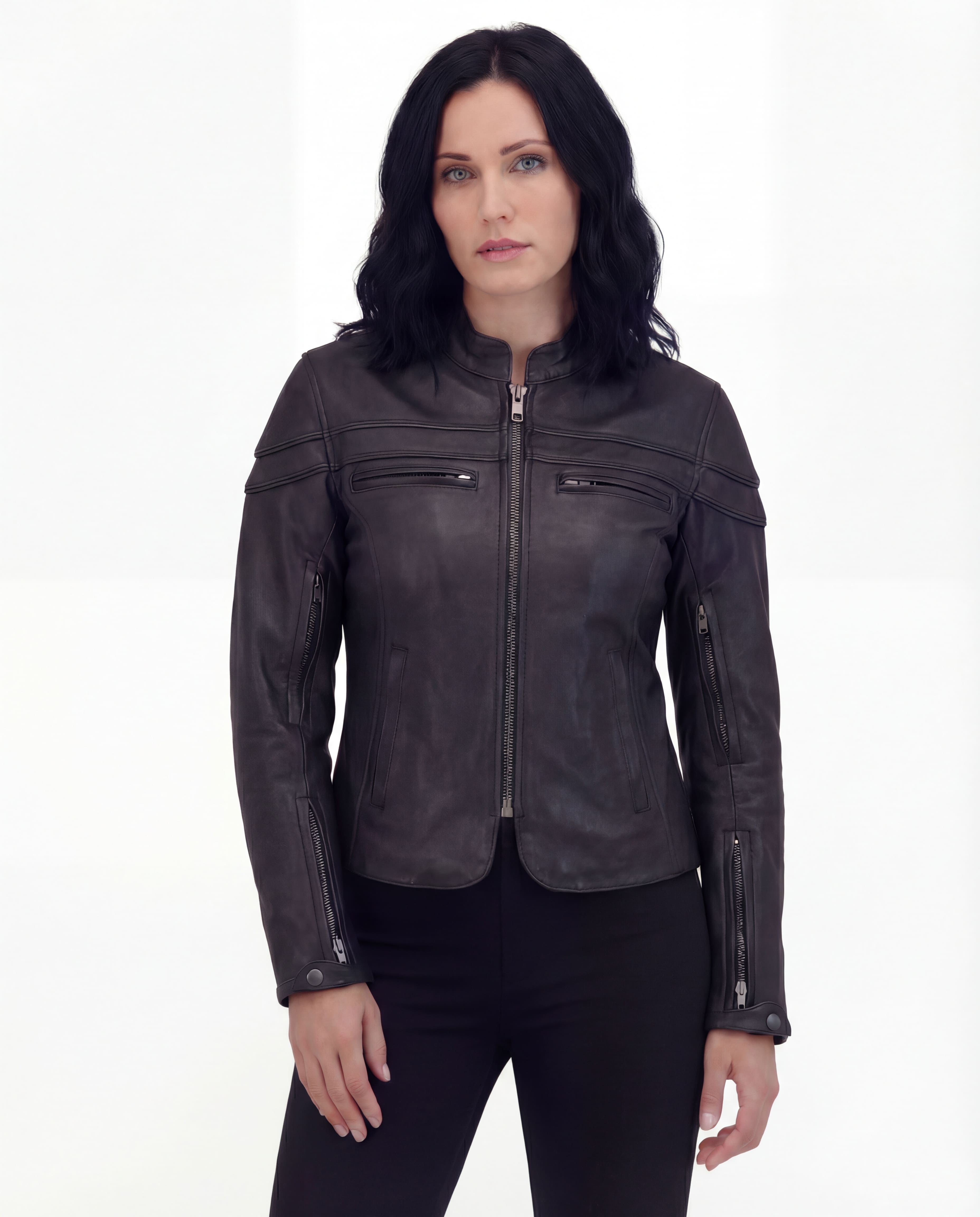 Vance Leather Womens Black Soft Cowhide Leather Sporty Scooter Crossover Biker Motorcycle Riding Jacket
