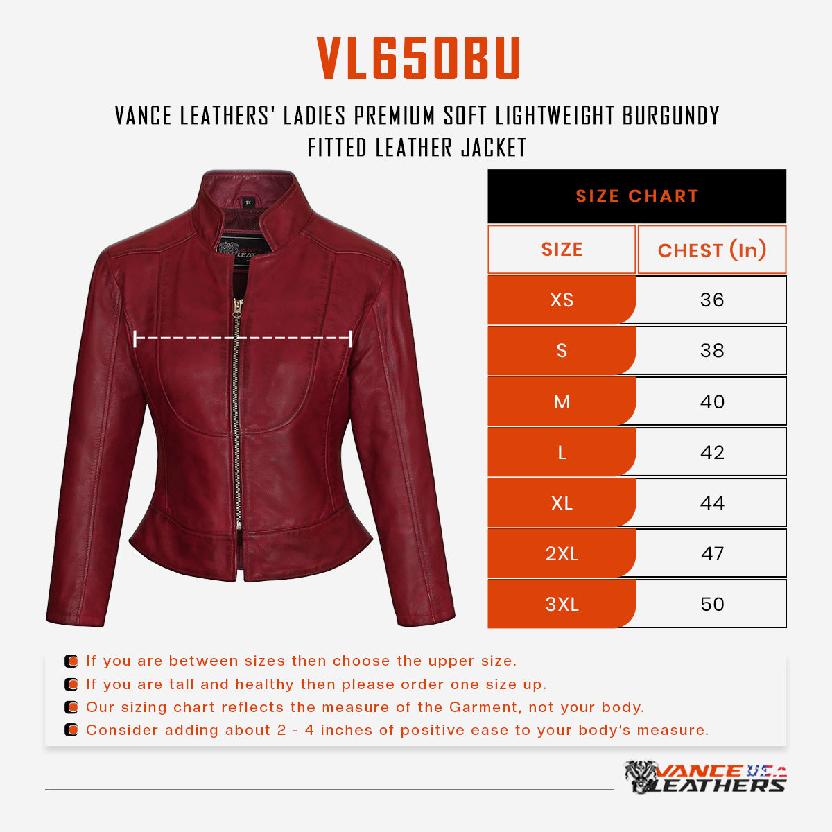 Vance Leathers 'Maya' Ladies Premium Soft Lightweight Burgundy Fitted Motorcycle Leather Jacket