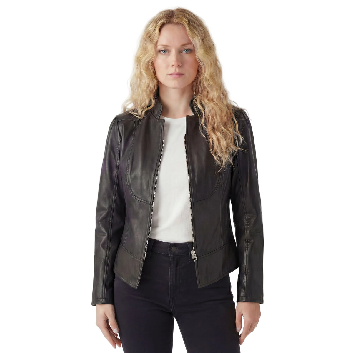 Vance Leathers Ladies Premium Soft Lightweight Black Fitted Motorcycle Leather Jacket Front Pose