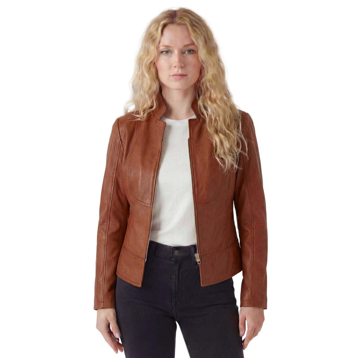 Vance Leathers Ladies Premium Soft Lightweight Brown Fitted Motorcycle Leather Jacket front pose