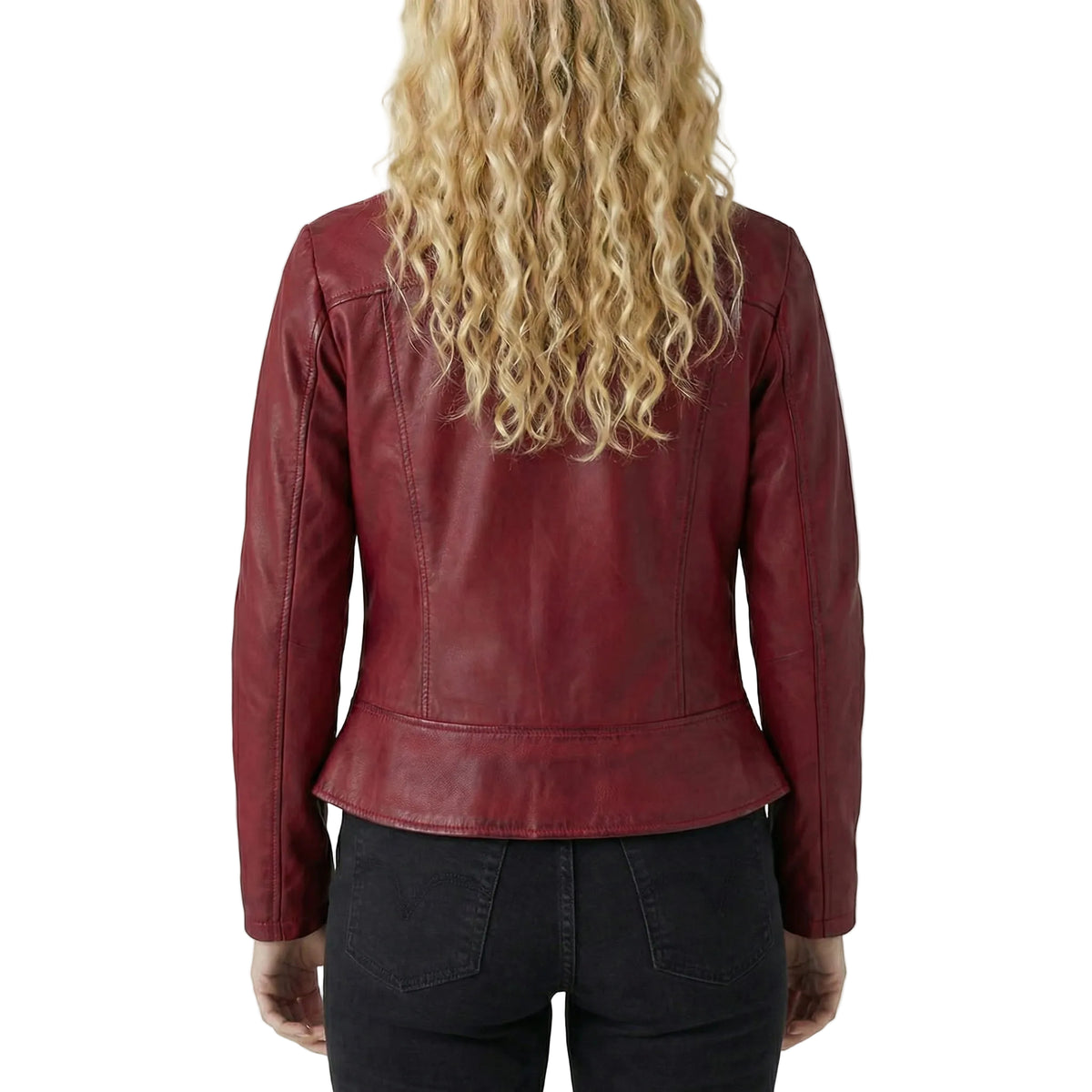 Vance Leathers Ladies Premium Soft Lightweight Burgundy Fitted Motorcycle Leather Jacket Back Pose