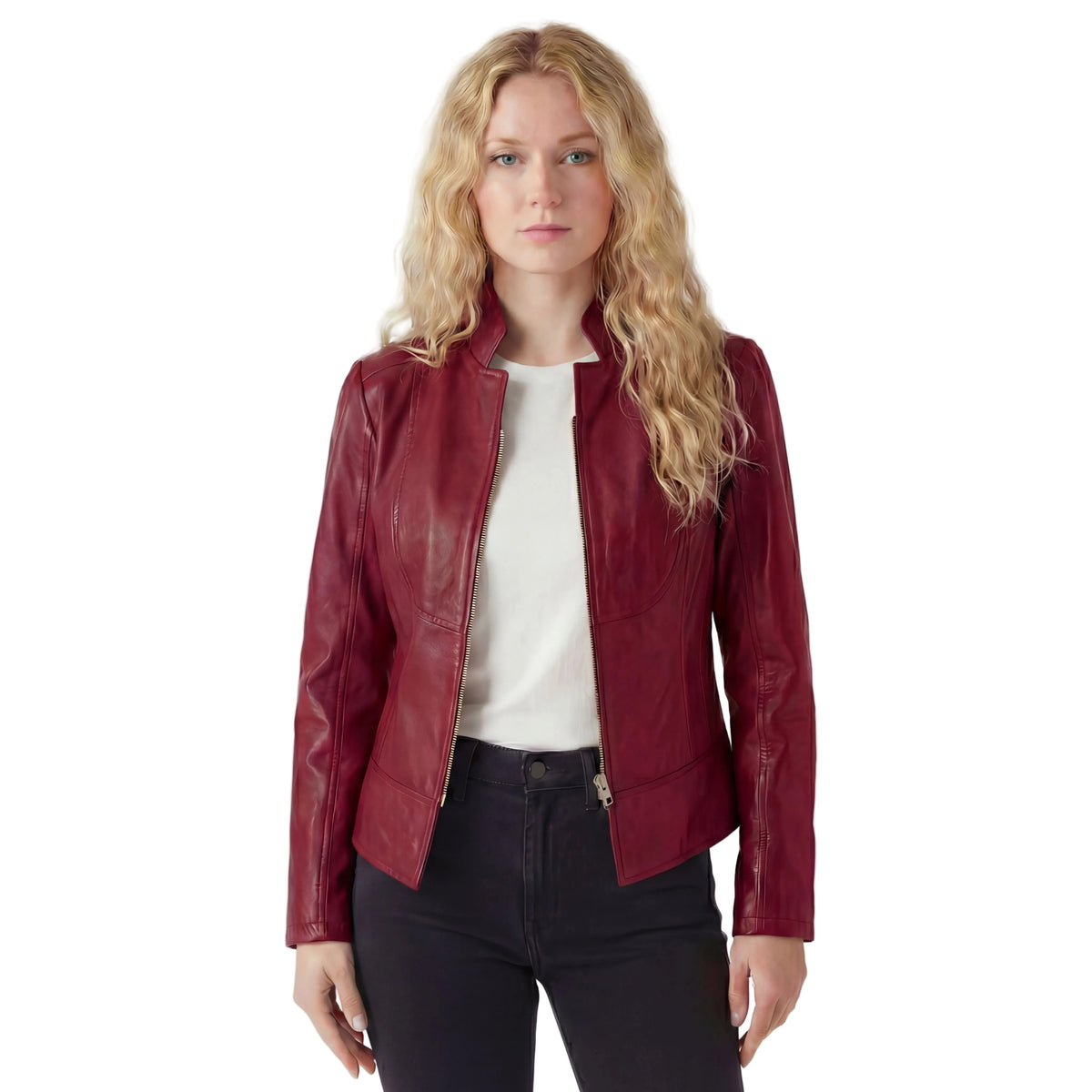Vance Leathers Ladies Premium Soft Lightweight Burgundy Fitted Motorcycle Leather Jacket Front Pose