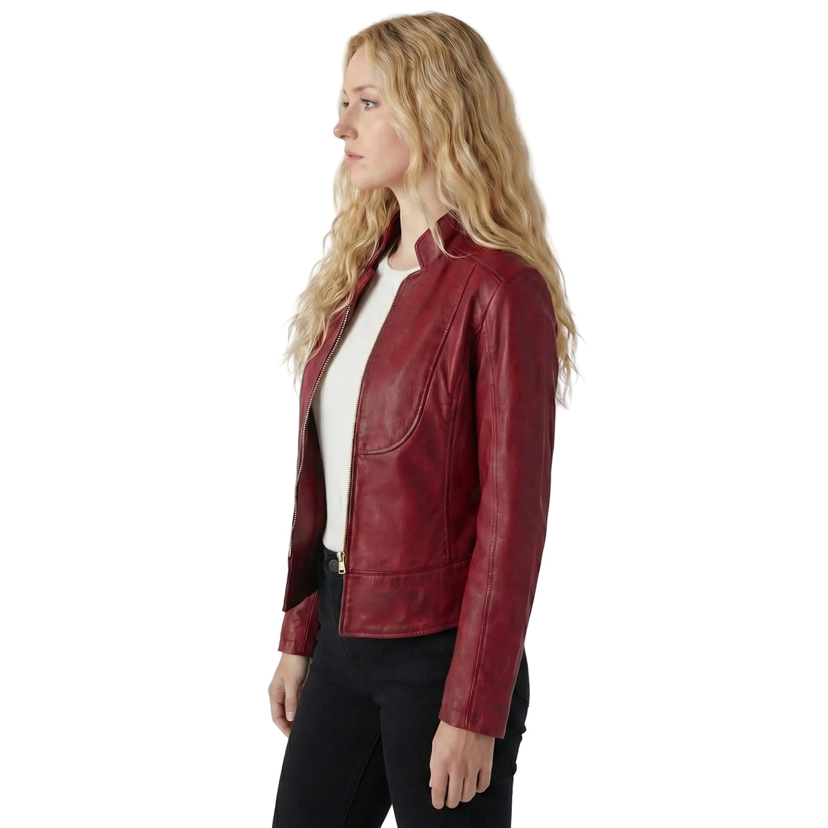 Vance Leathers Ladies Premium Soft Lightweight Burgundy Fitted Motorcycle Leather Jacket Side Pose