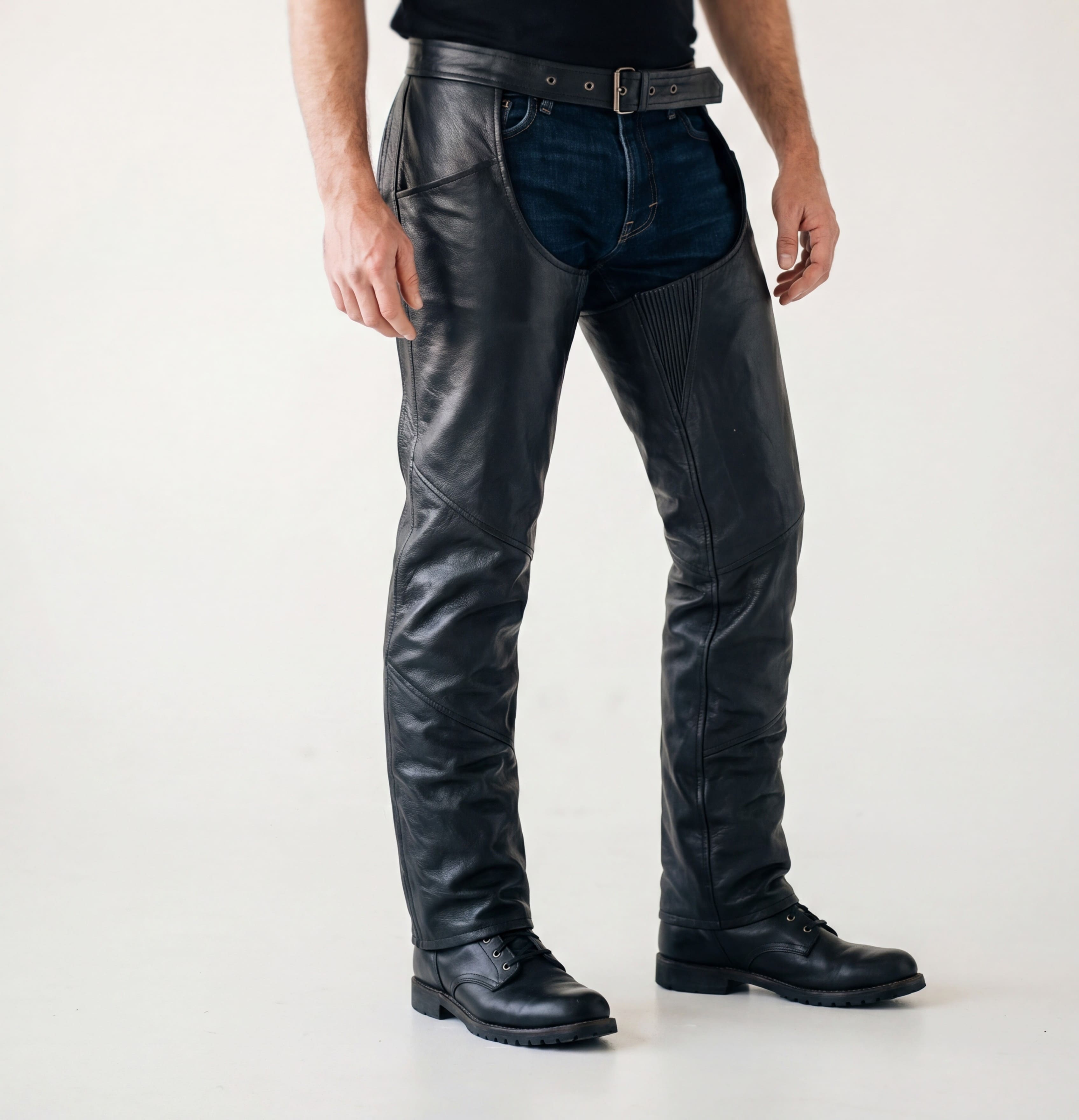 Vance Leather Unisex Black Zip-out Insulated Pants Style Biker Leather Motorcycle Chaps - side pose