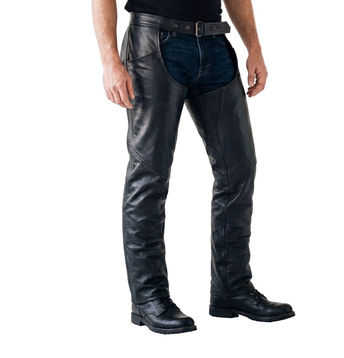 Vance Leather Unisex Black Zip-out Insulated Pants Style Biker Leather Motorcycle Chaps - side pose