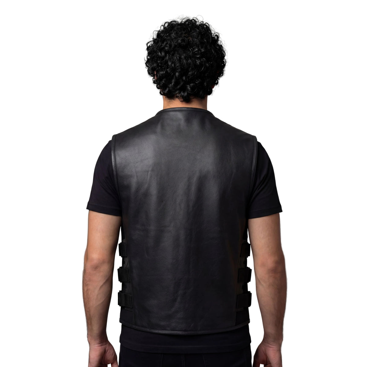 Mens Black SWAT Team Style Premium Leather Motorcycle Vest - back pose